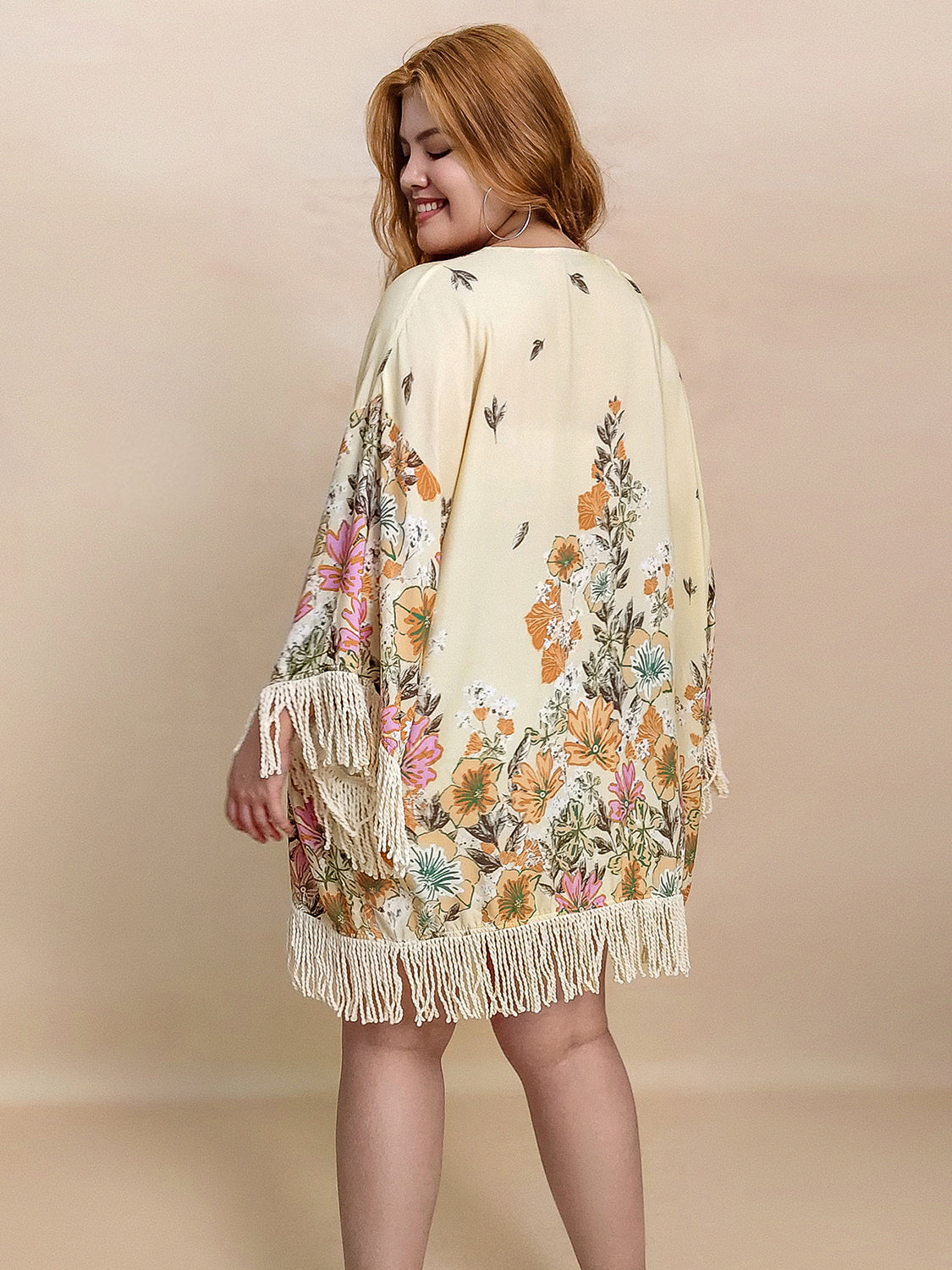 Plus Size Fringe Printed Open Front Cardigan-Angel Casuals