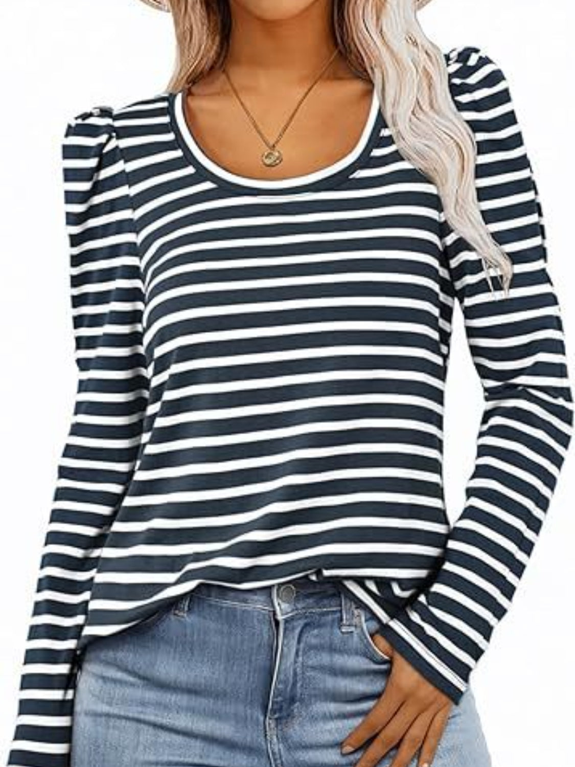 Striped Round Neck Long Sleeve T-Shirt-Angel Casuals