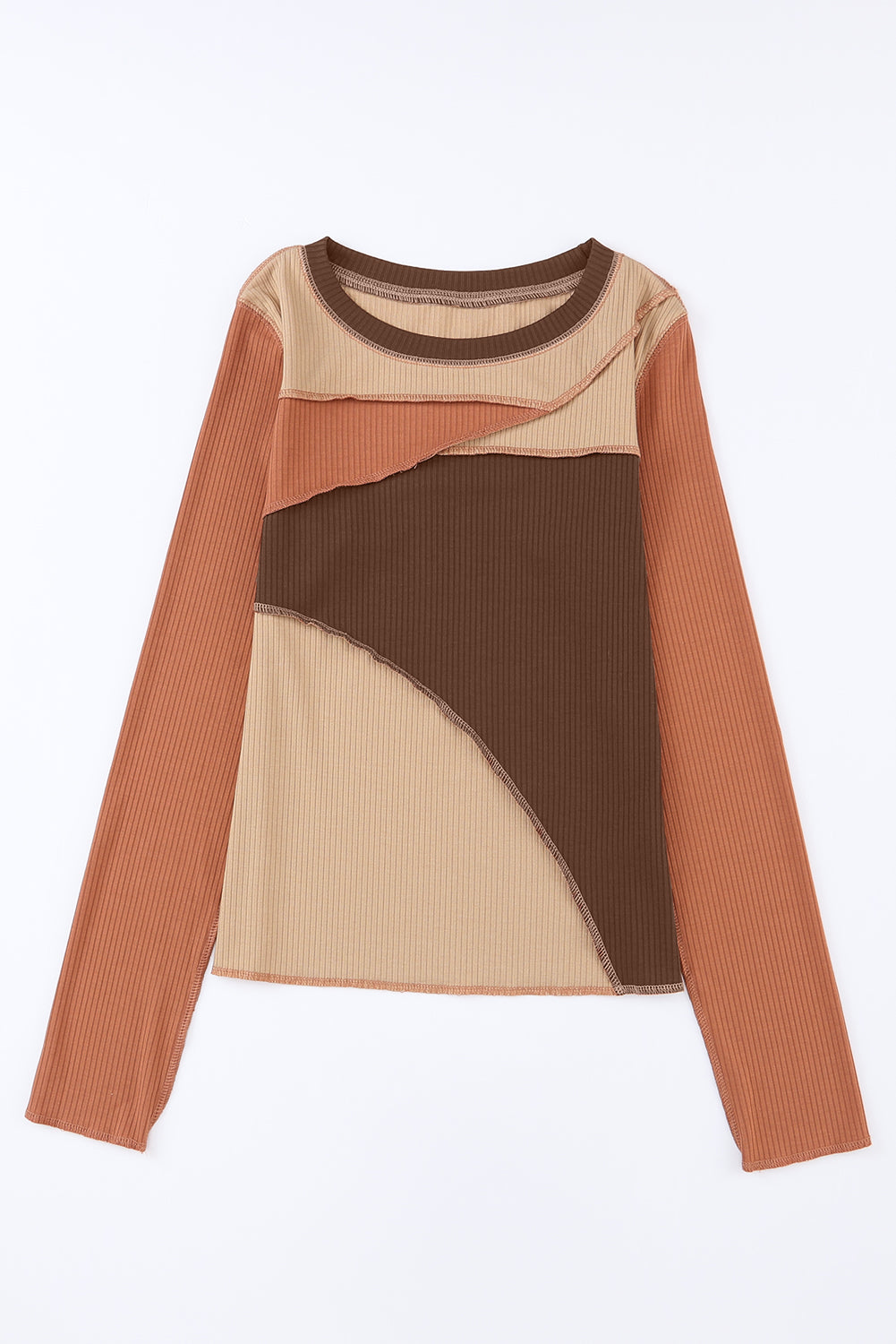 Exposed Seam Contrast Round Neck Long Sleeve T-Shirt-Angel Casuals