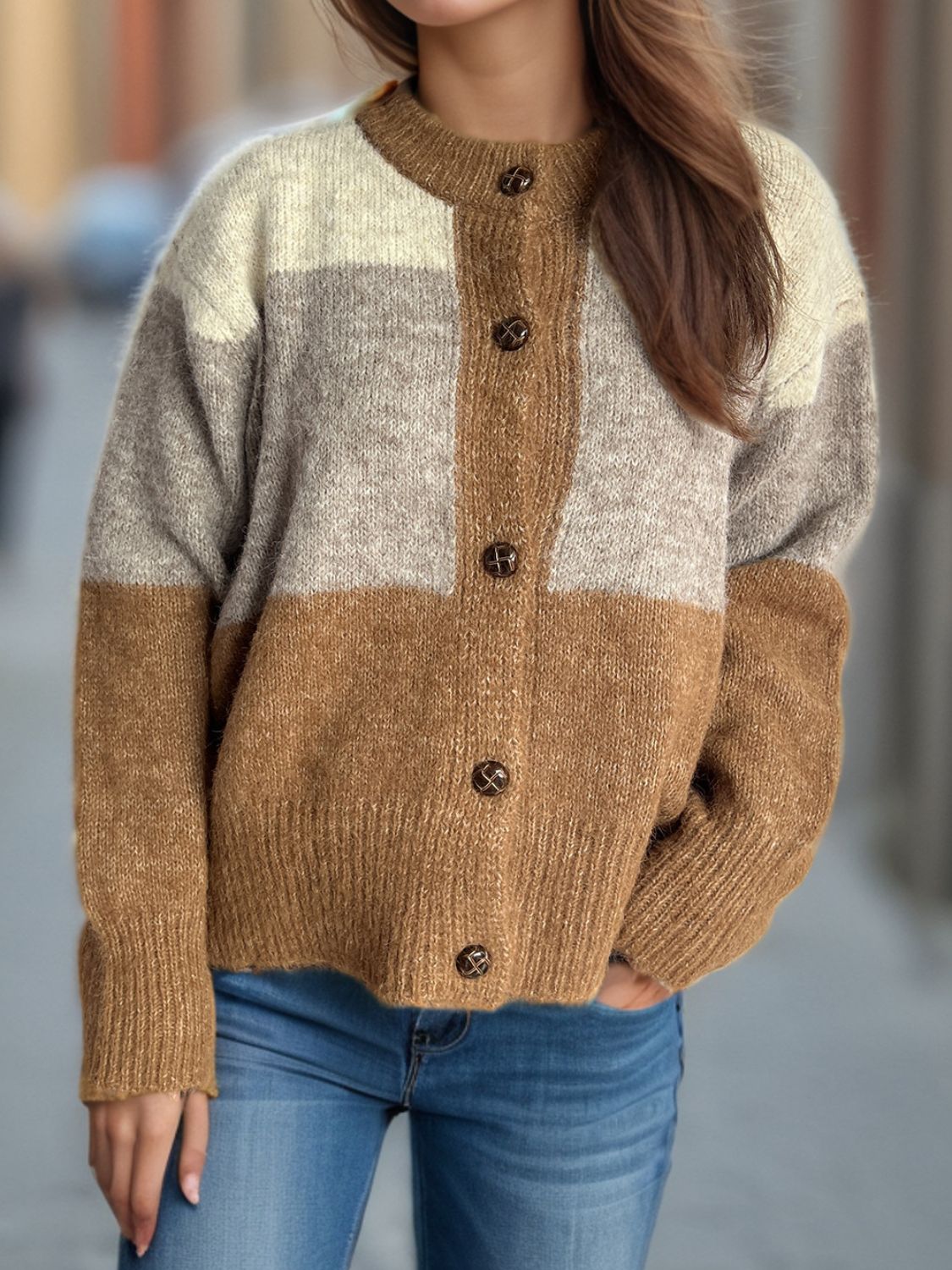 Color Block Round Neck Button Up Cardigan-Angel Casuals