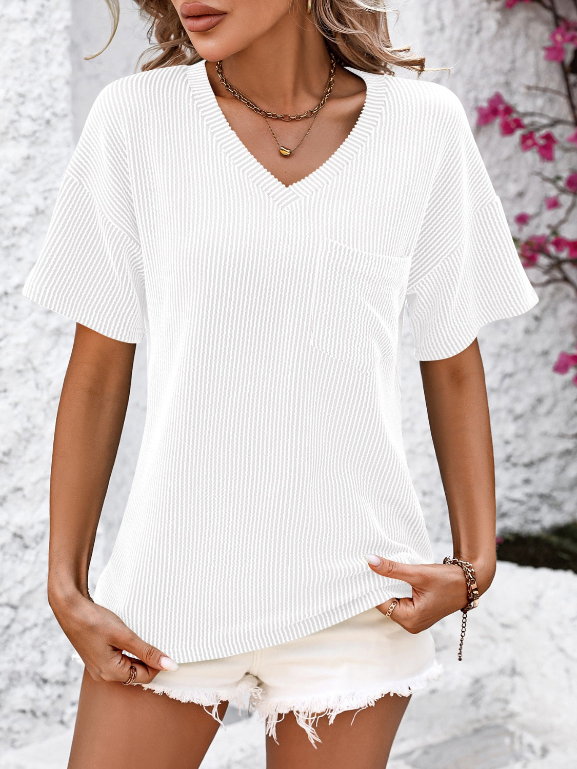 V-Neck Dropped Shoulder T-Shirt-Angel Casuals