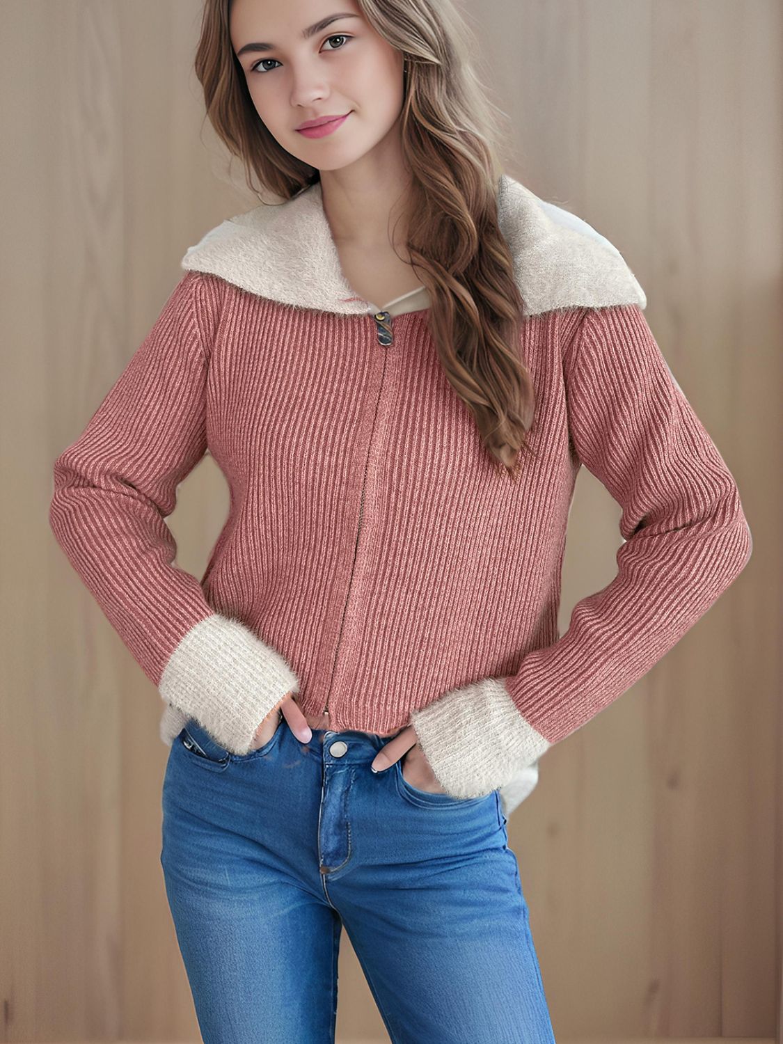 Zip Up Collared Neck Long Sleeve Cardigan-Angel Casuals