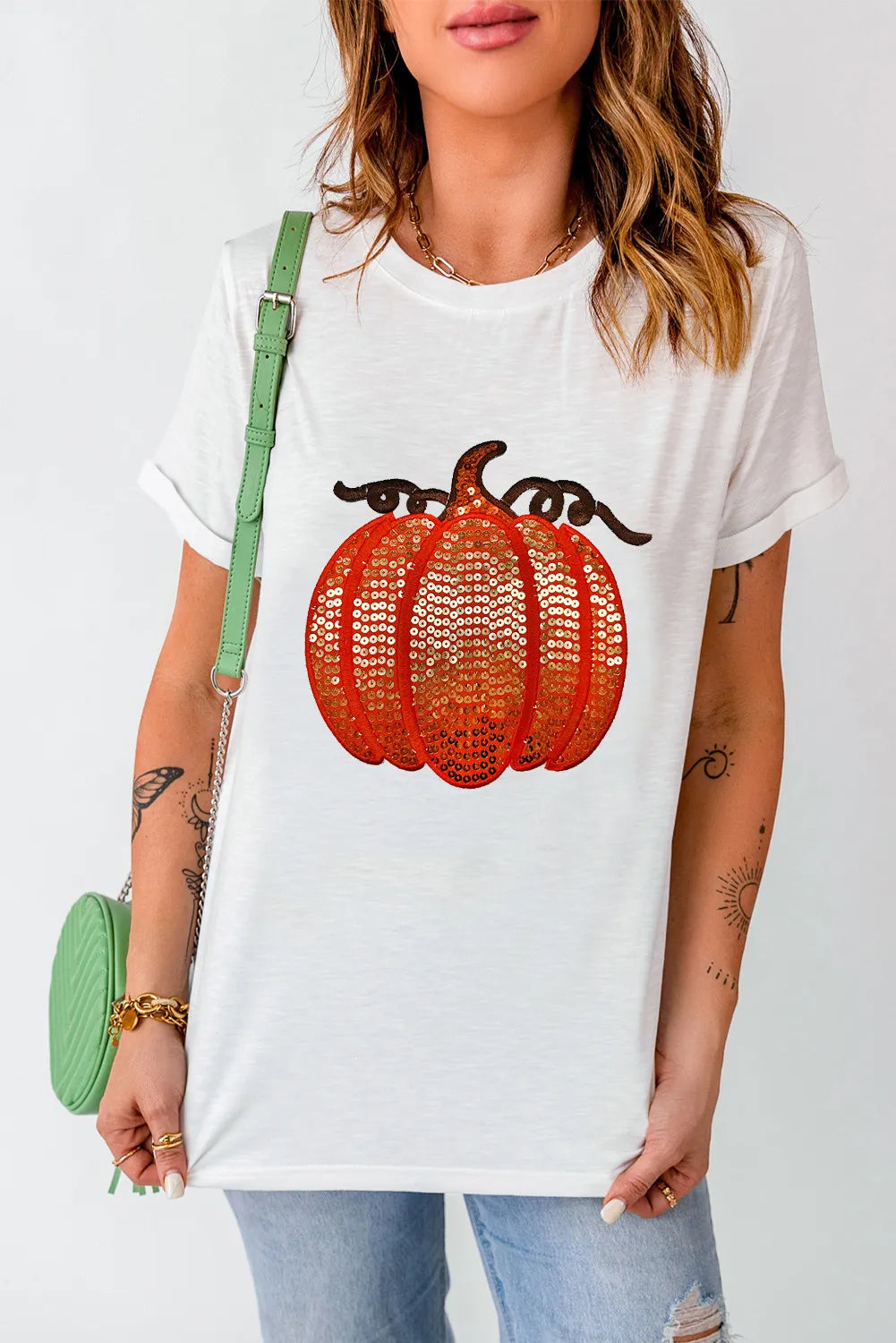 Full Size Sequin Pumpkin Round Neck Short Sleeve T-Shirt-Angel Casuals