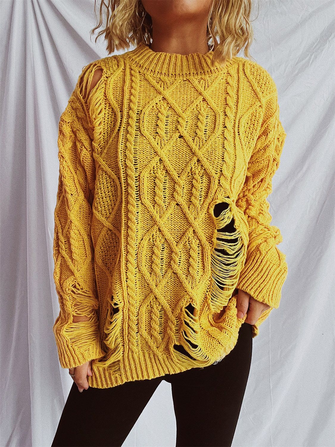 Distressed Cable-Knit Round Neck Long Sleeve Sweater-Angel Casuals