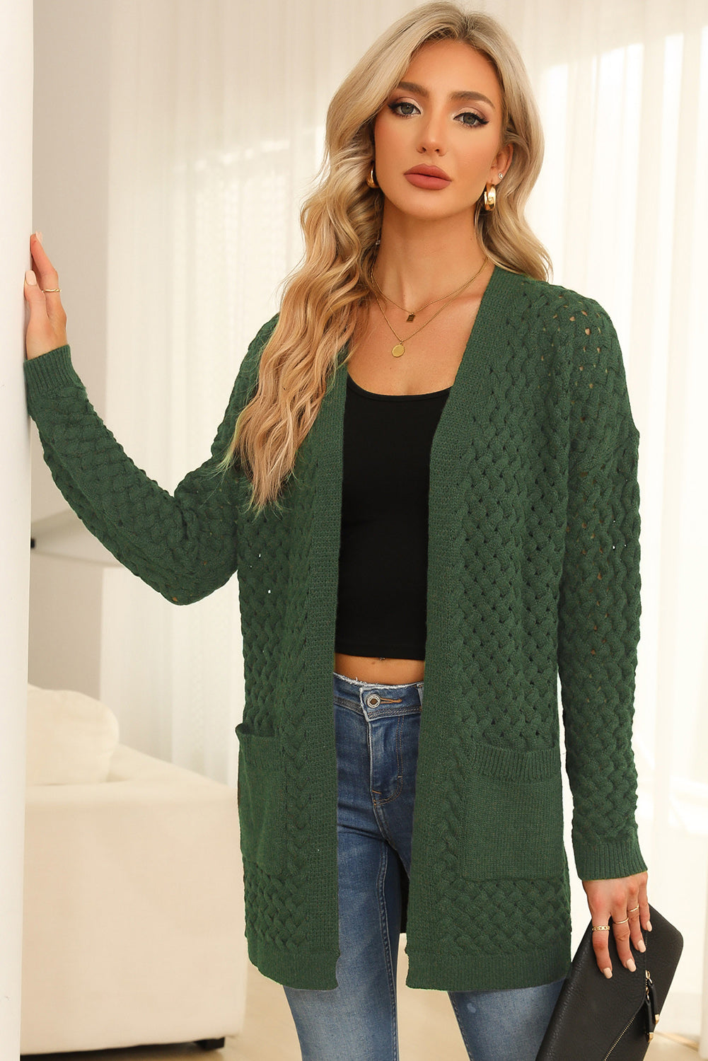 Open Front Dropped Shoulder Cardigan with Pockets-Angel Casuals