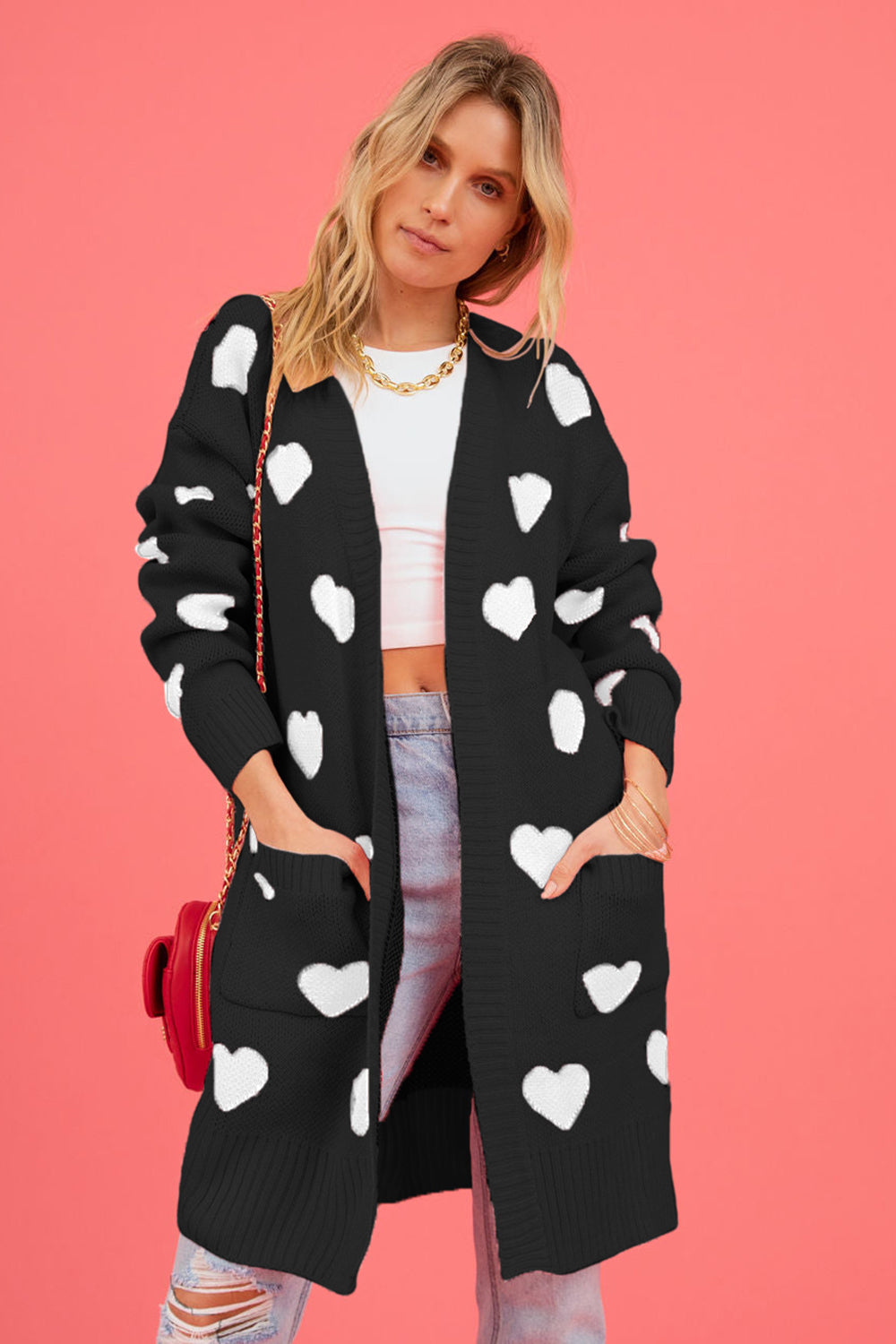 Heart Graphic Open Front Cardigan with Pockets-Angel Casuals
