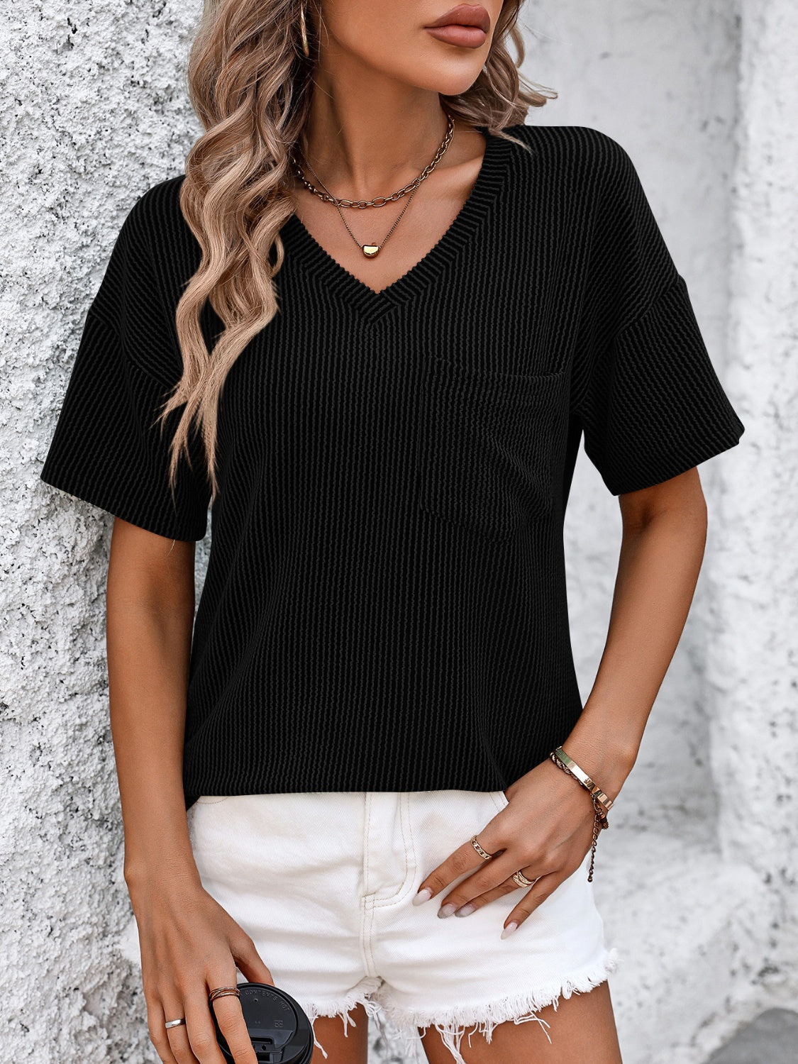 V-Neck Dropped Shoulder T-Shirt-Angel Casuals