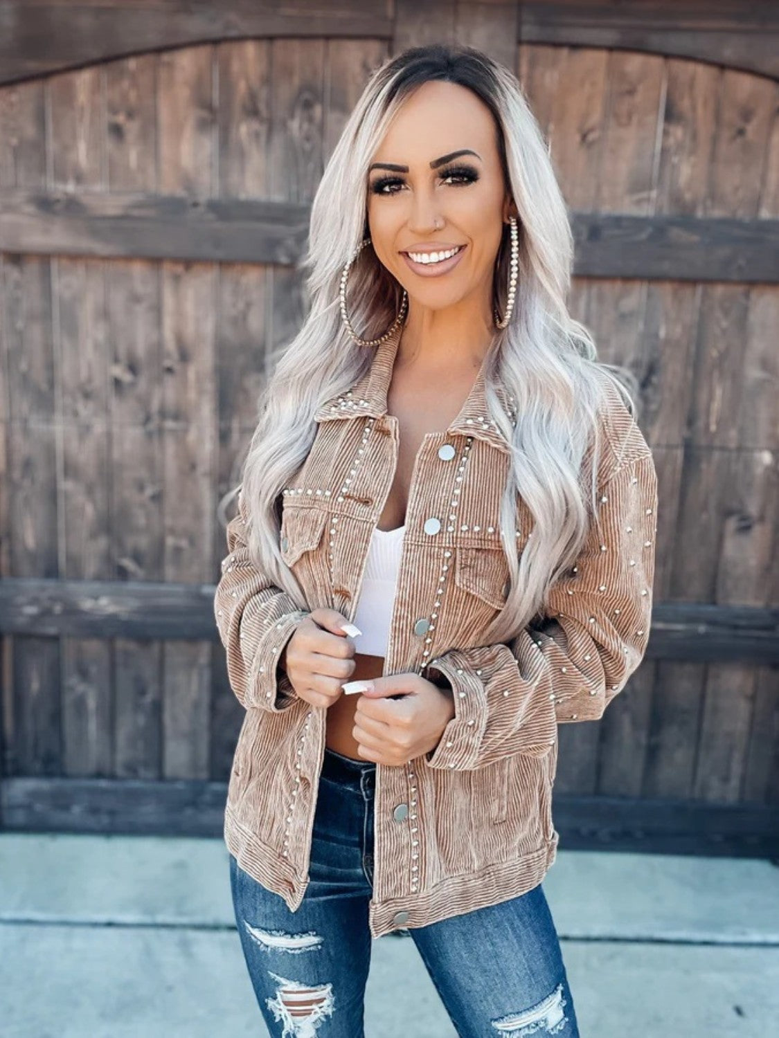 Studded Collared Neck Button Down Jacket-Angel Casuals