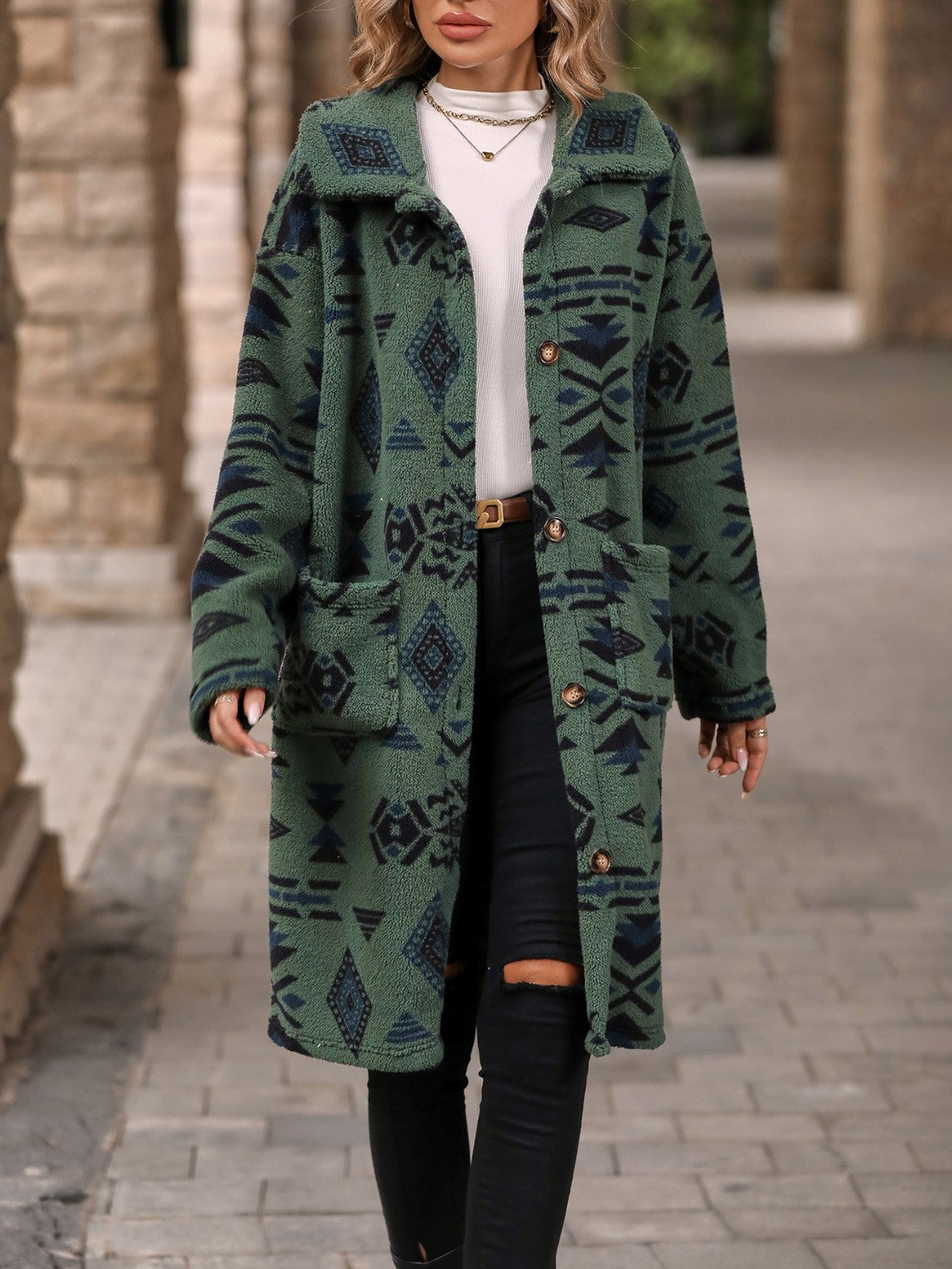 Geometric Pocketed Dropped Shoulder Coat-Angel Casuals