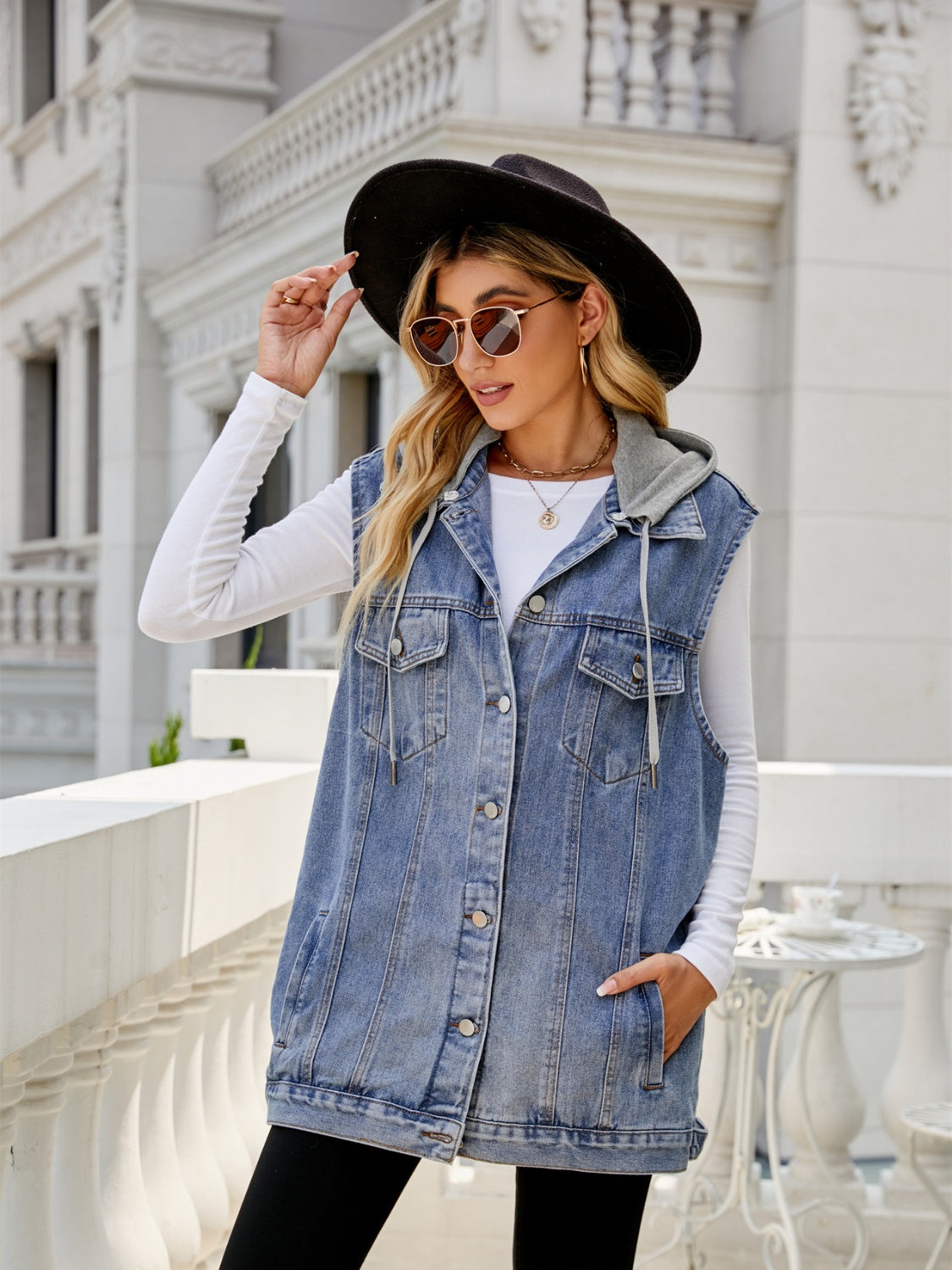 Drawstring Pocketed Button Up Sleeveless Denim Jacket-Angel Casuals