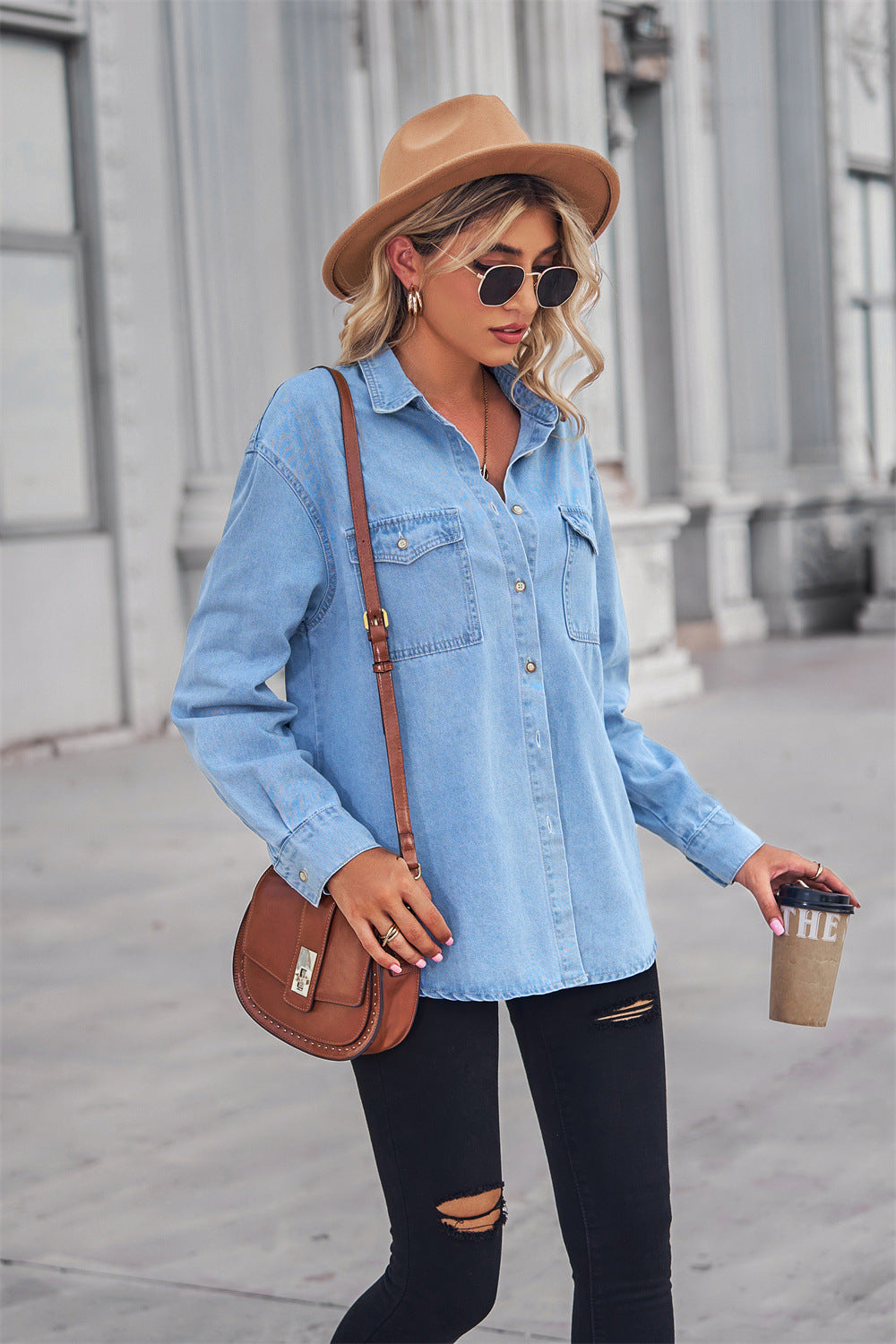 Collared Neck Dropped Shoulder Denim Top-Angel Casuals