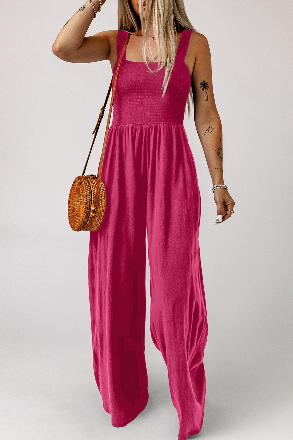 Smocked Square Neck Wide Leg Jumpsuit with Pockets-Angel Casuals