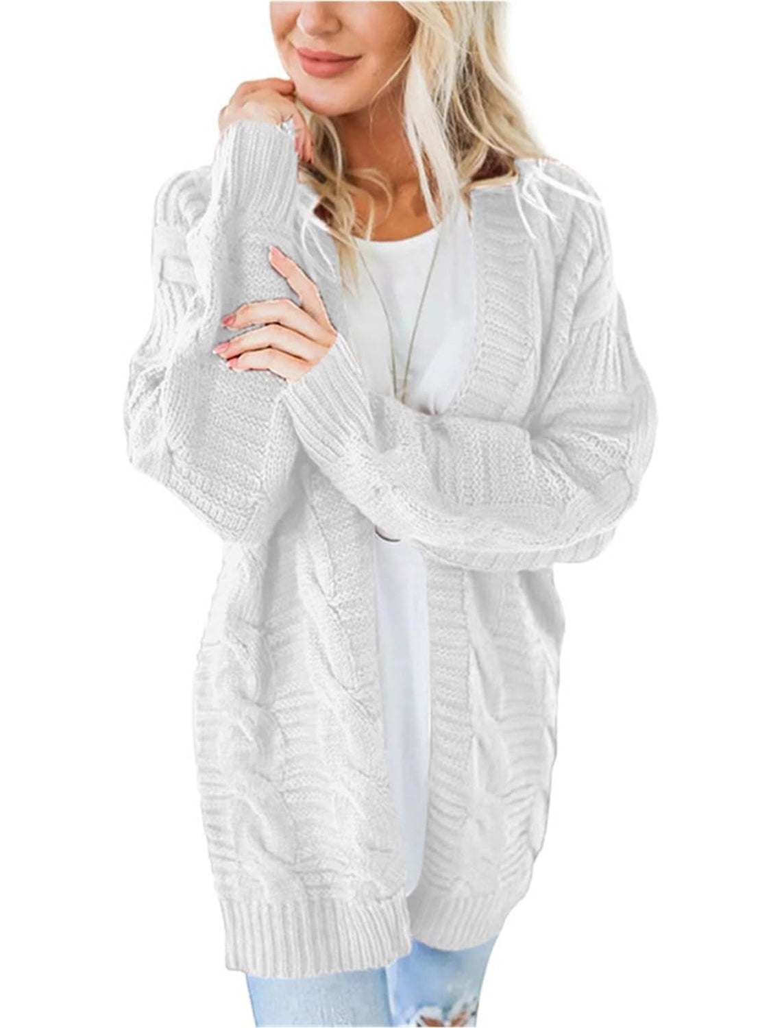 Cable-Knit Open Front Long Sleeve Cardigan-Angel Casuals