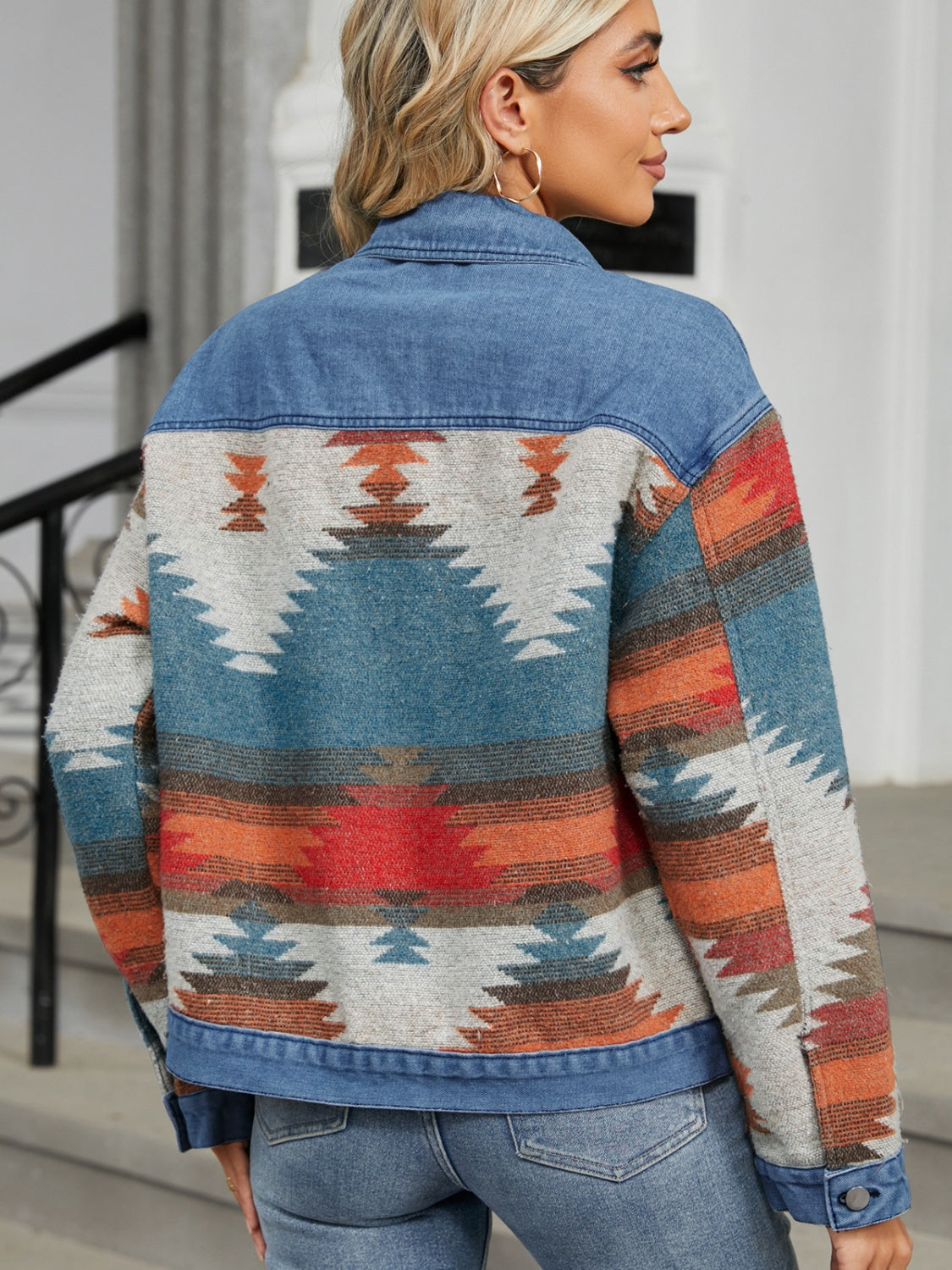 Geometric Button Up Long Sleeve Denim Jacket-Angel Casuals
