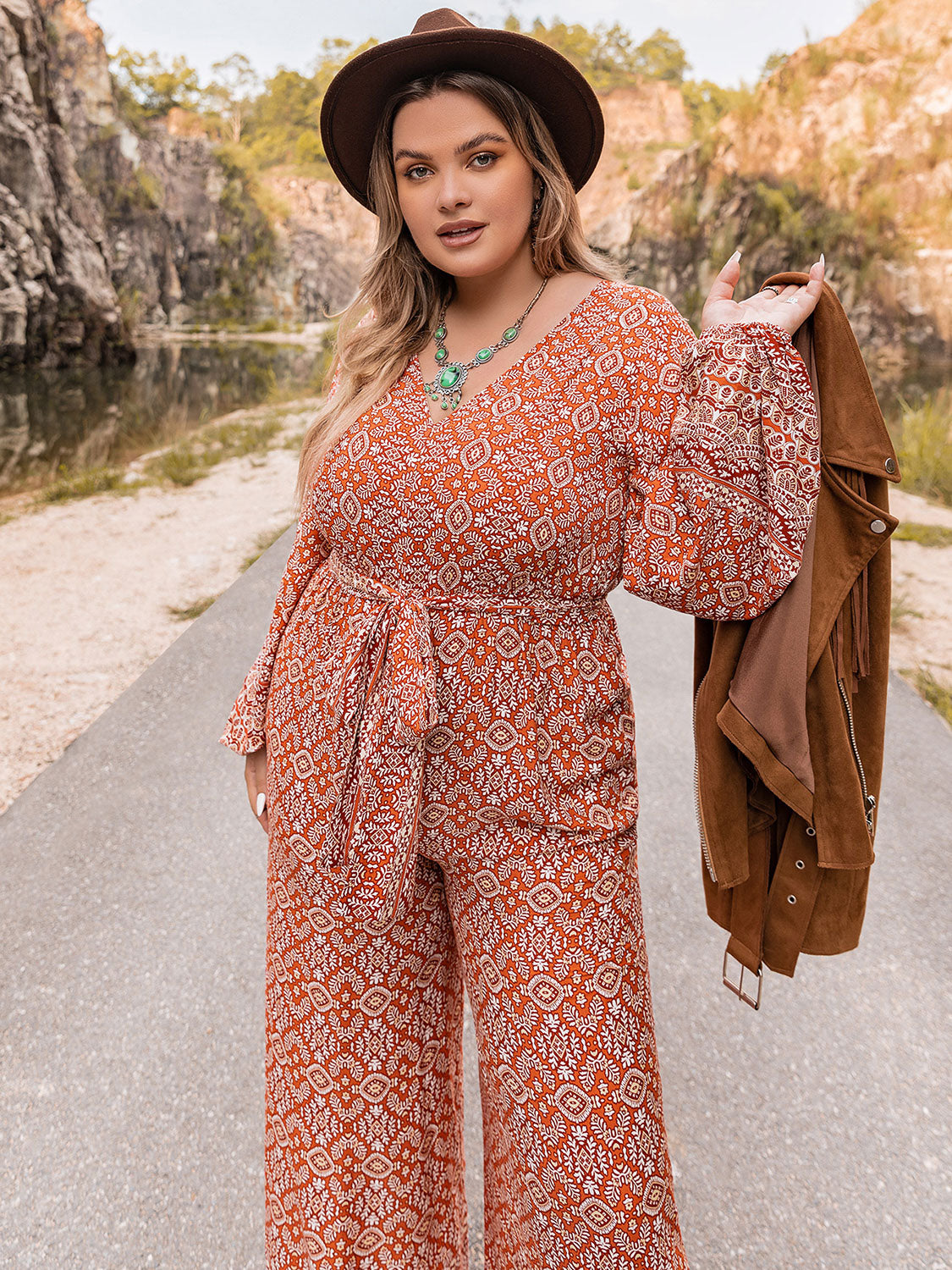 Plus Size Printed V-Neck Tie Front Balloon Sleeve Jumpsuit-Angel Casuals