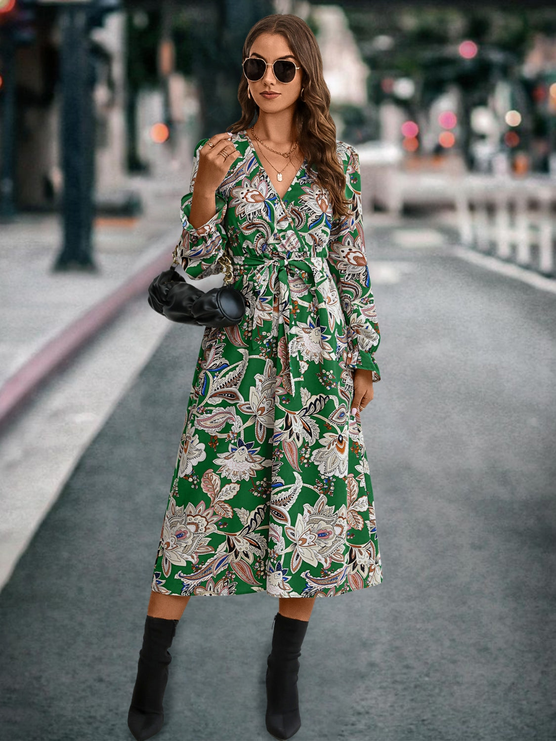 Printed Tie Front Surplice Flounce Sleeve Dress-Angel Casuals