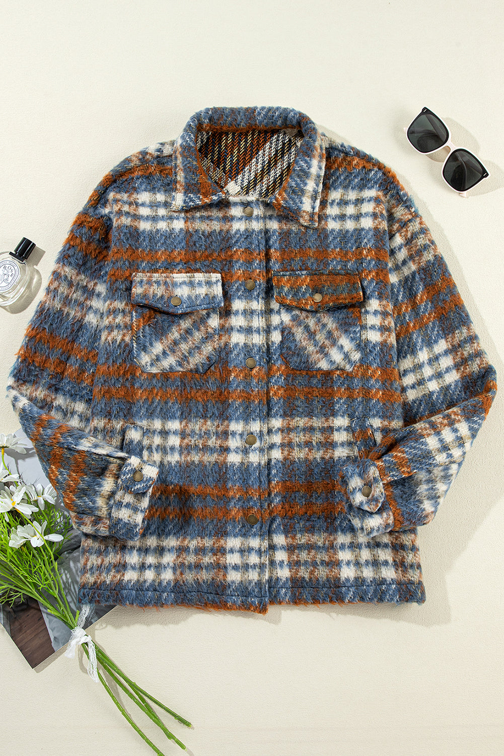 Plaid Collared Neck Jacket with Chest Pockets-Angel Casuals