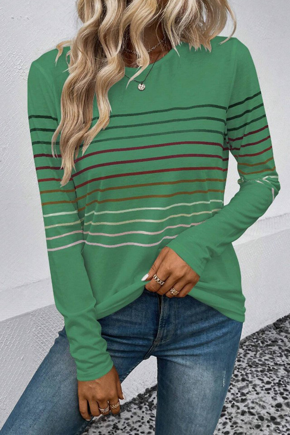Striped Round Neck Long Sleeve T-Shirt-Angel Casuals