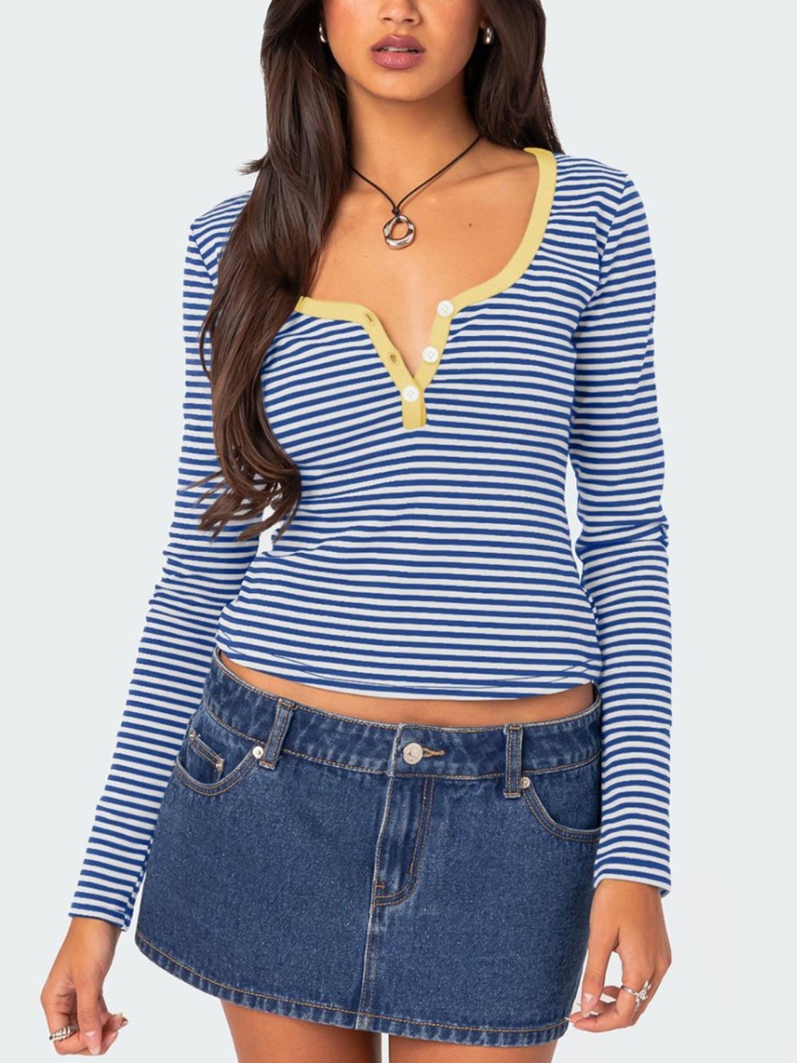 Buttoned Striped Long Sleeve T-Shirt-Angel Casuals