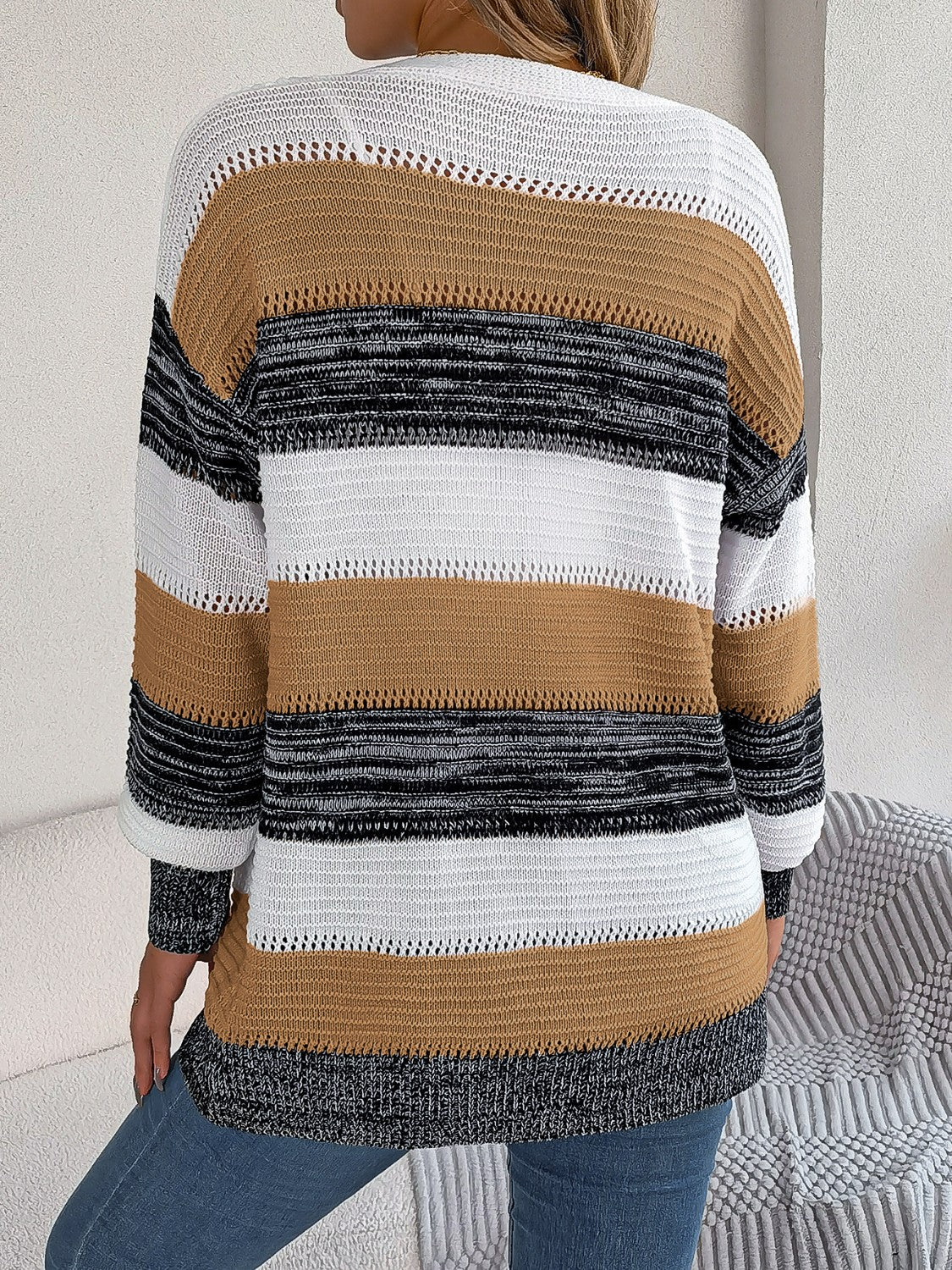 Openwork Striped Open Front Cardigan-Angel Casuals