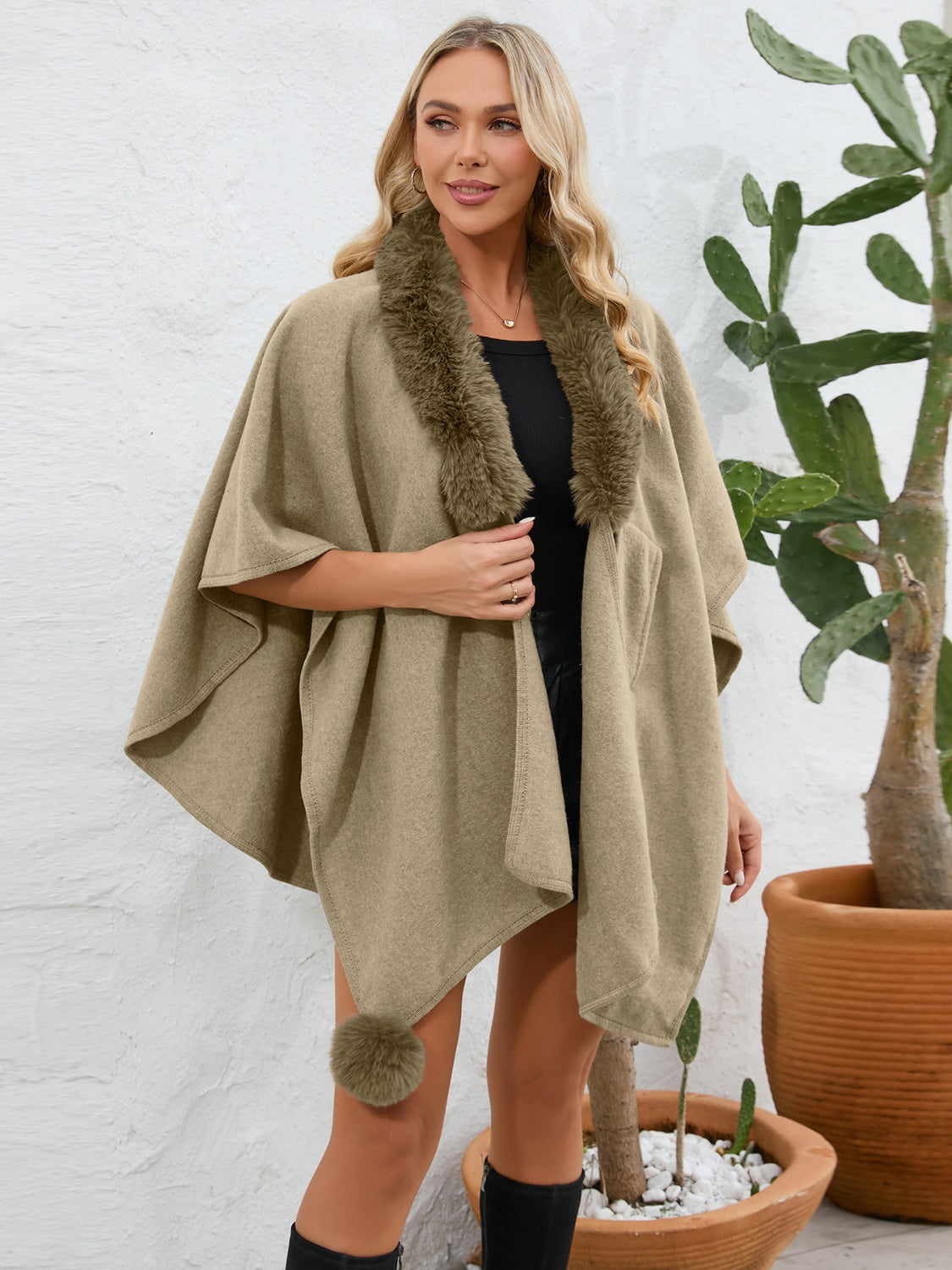 Fuzzy Trim Open Front Poncho-Angel Casuals