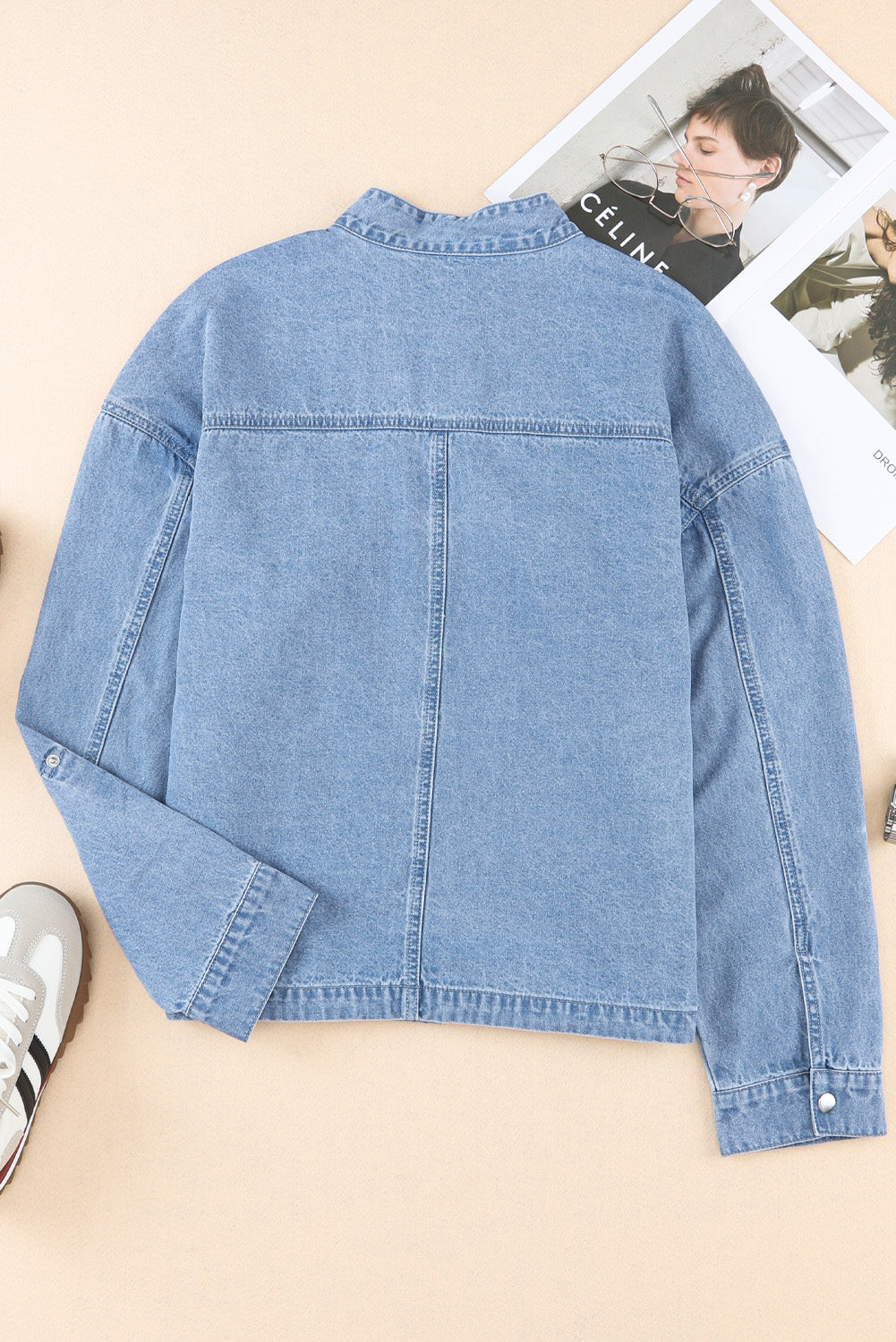 Drawstring Snap Down Denim Jacket with Chest Pockets-Angel Casuals