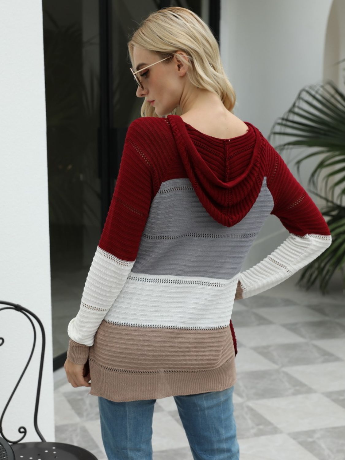 Drawstring Contrast Long Sleeve Hooded T-Shirt-Angel Casuals