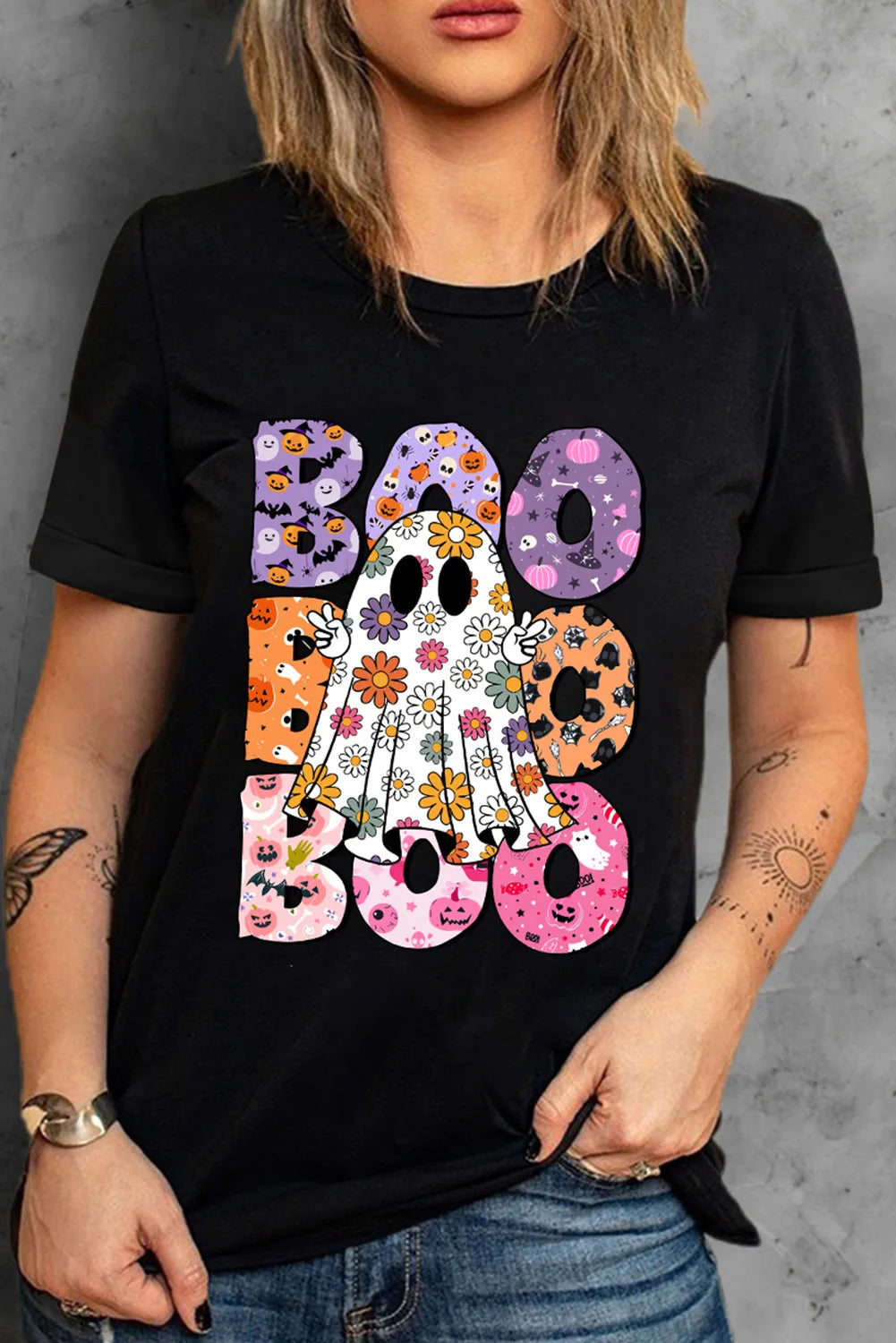 BOO Ghost Graphic Round Neck Short Sleeve T-Shirt-Angel Casuals