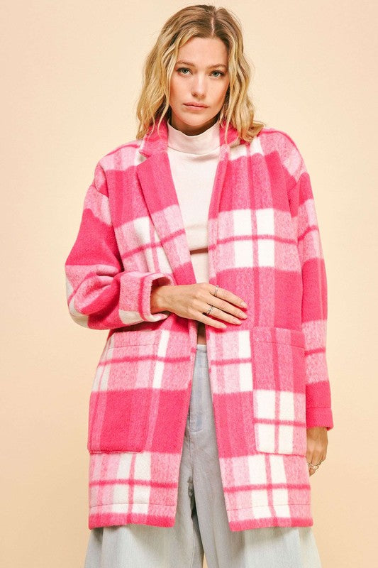 Davi & Dani Plaid Open Front Drop Shoulder Longline Coat-Angel Casuals