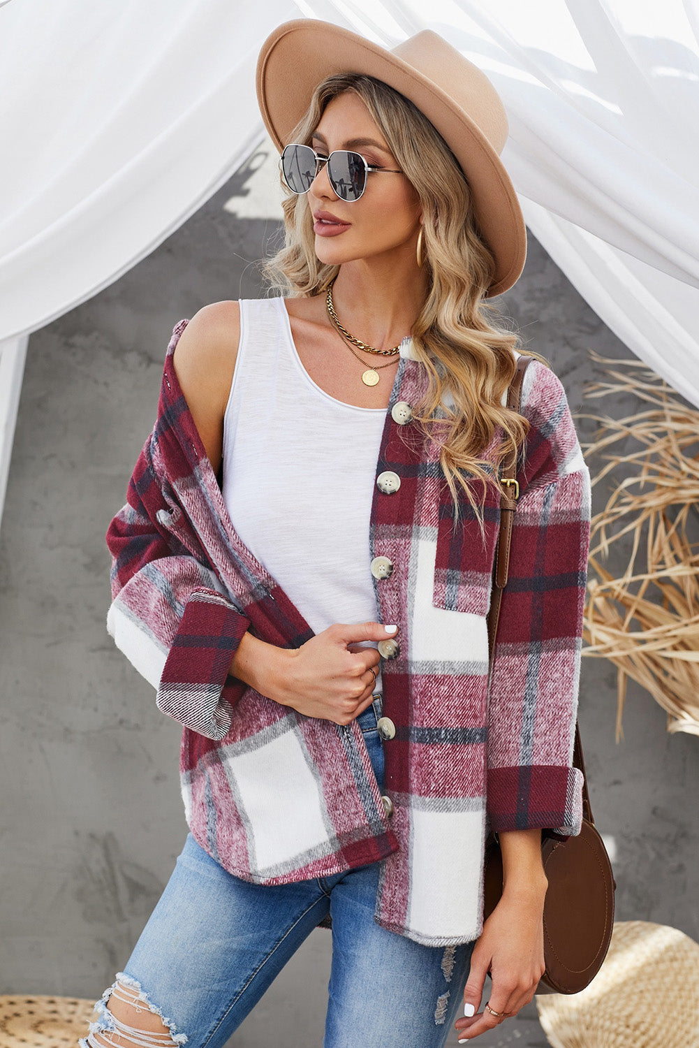 Plaid Button Up Dropped Shoulder Jacket-Angel Casuals