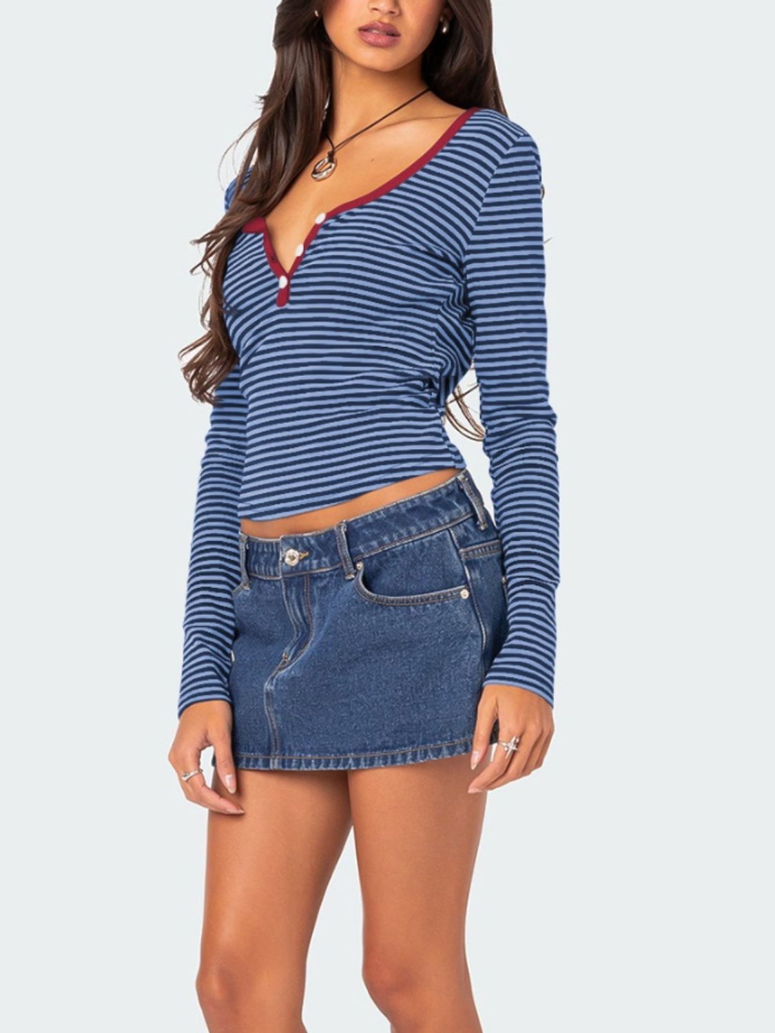 Buttoned Striped Long Sleeve T-Shirt-Angel Casuals