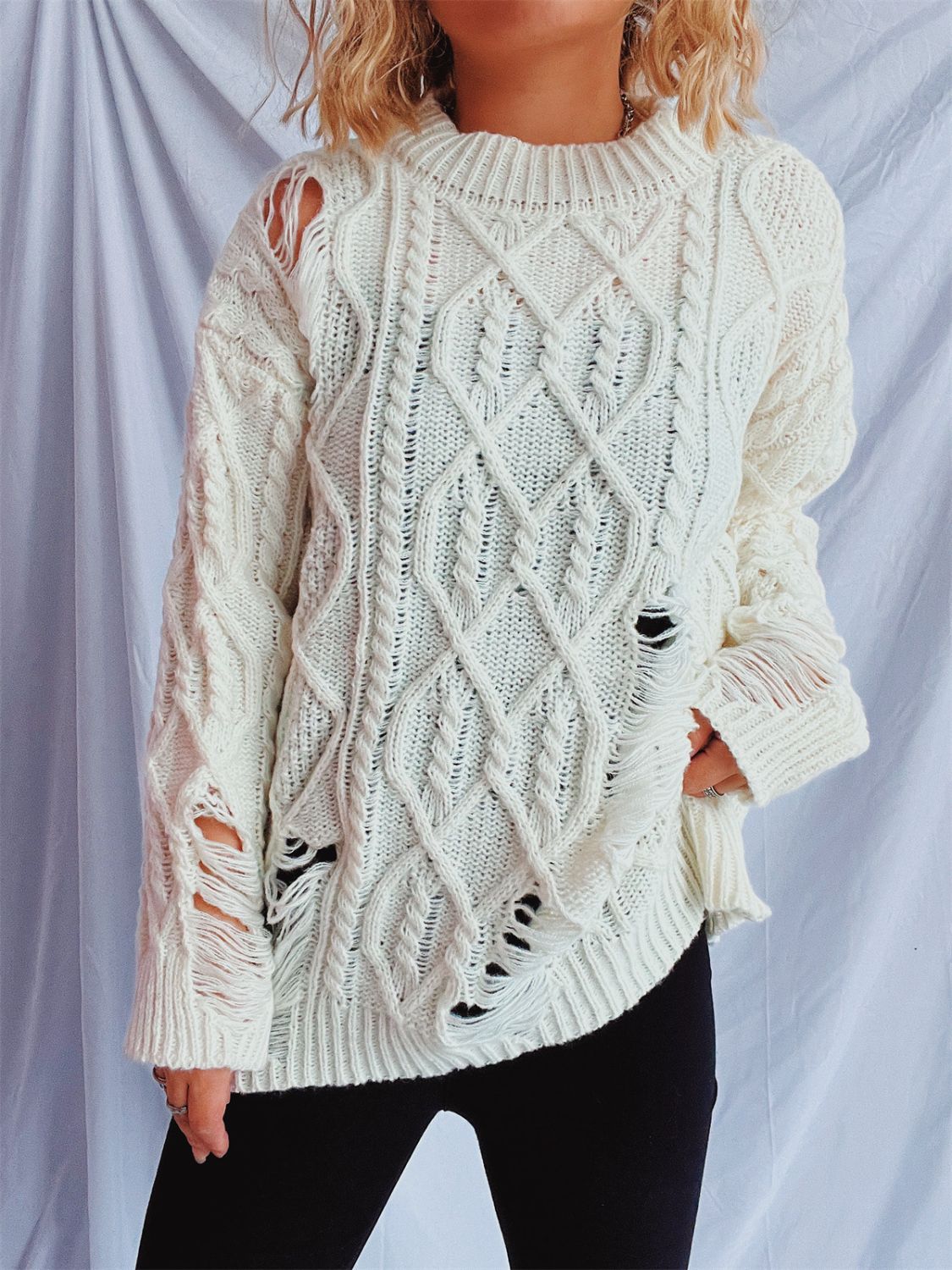 Distressed Cable-Knit Round Neck Long Sleeve Sweater-Angel Casuals