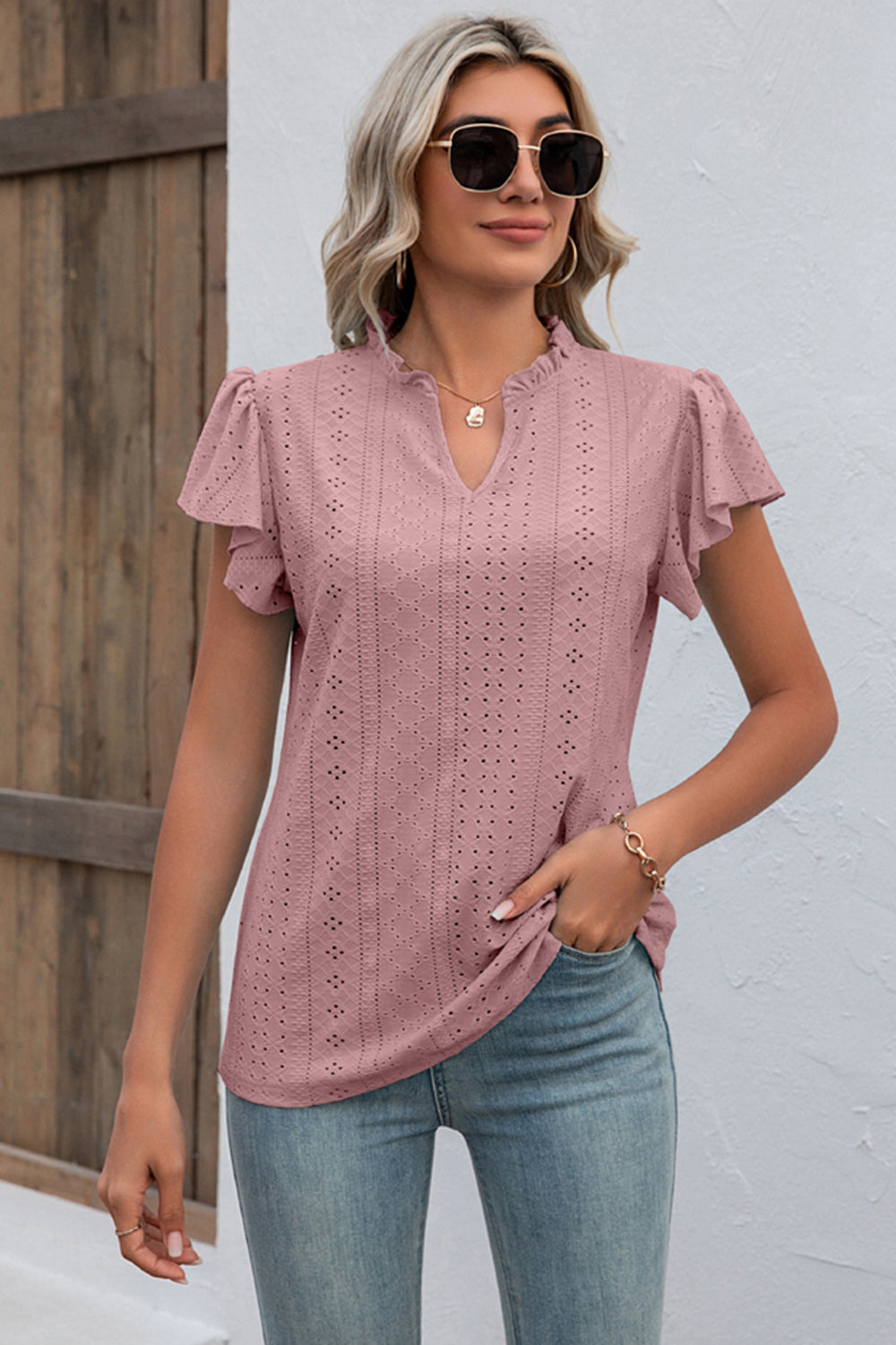 Eyelet Notched Flutter Sleeve T-Shirt-Angel Casuals