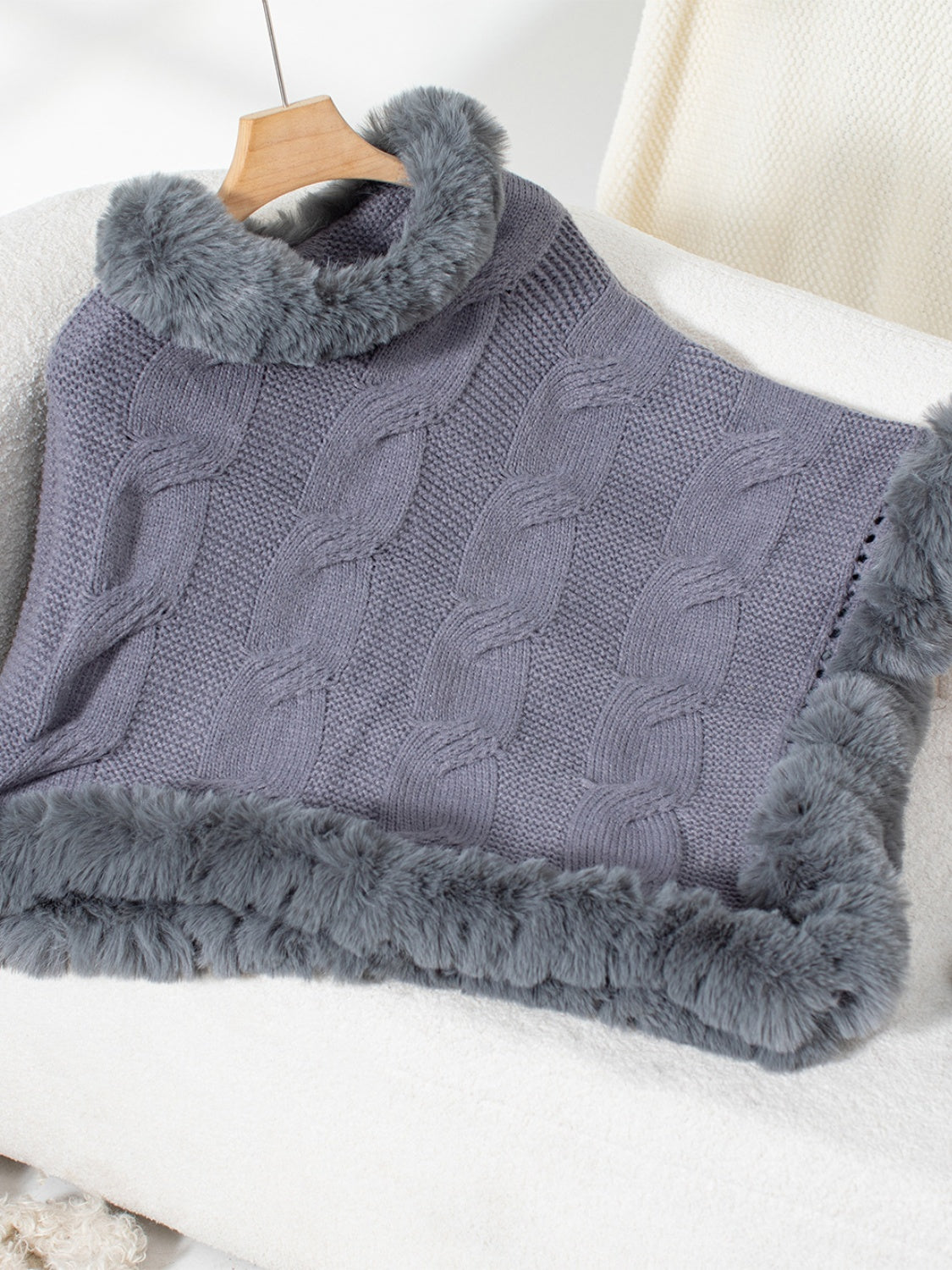 Fuzzy Hem Cable-Knit Poncho-Angel Casuals