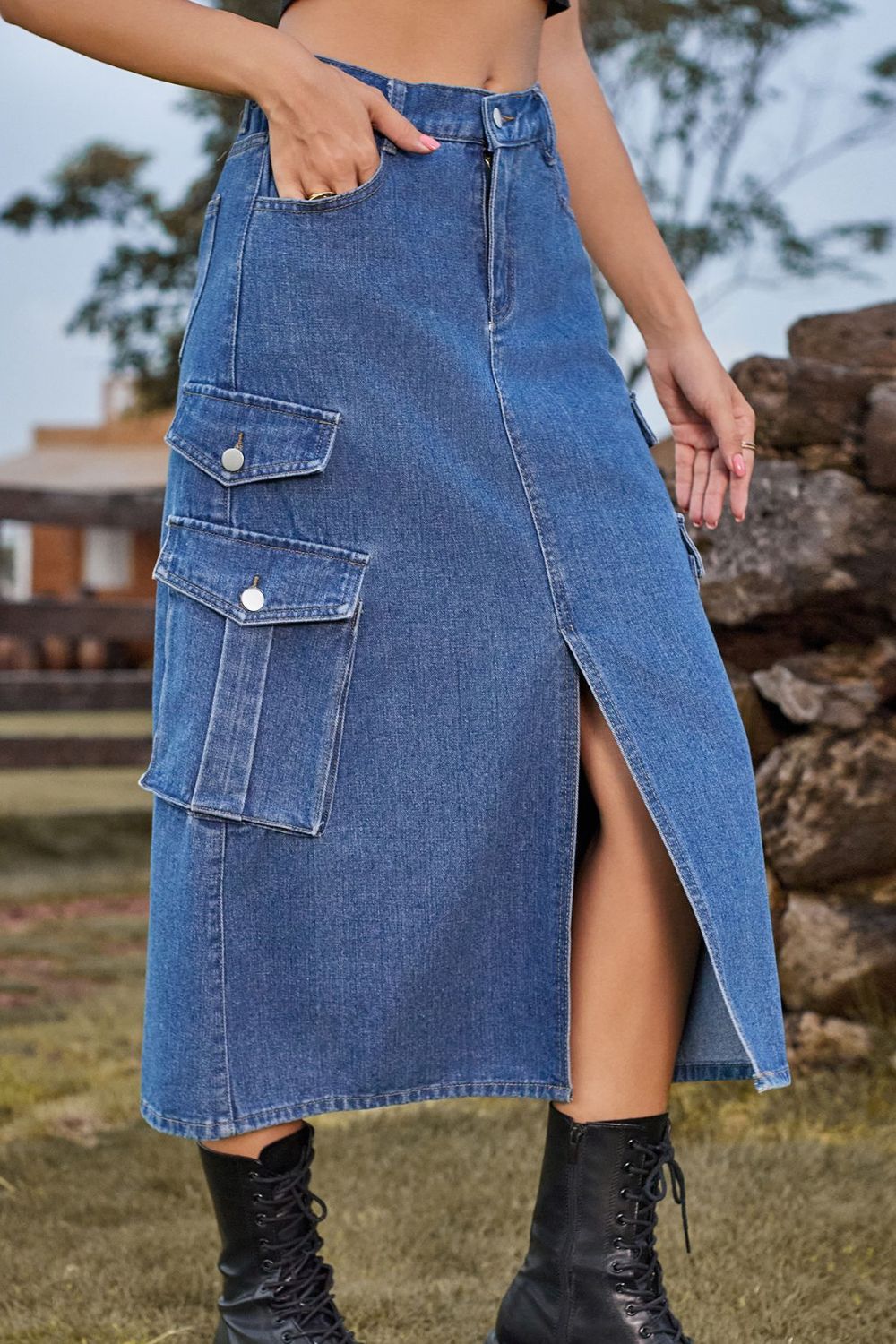 Slit Front Midi Denim Skirt with Pockets-Angel Casuals