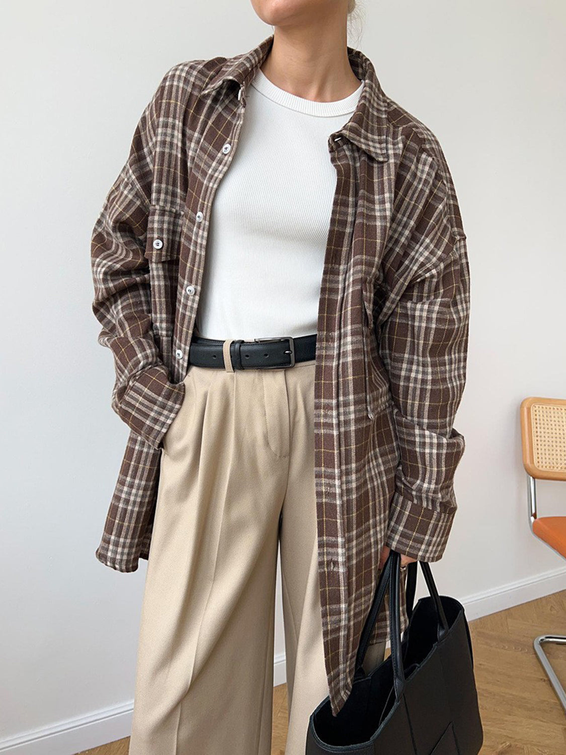 Pocketed Plaid Button Up Shacket-Angel Casuals