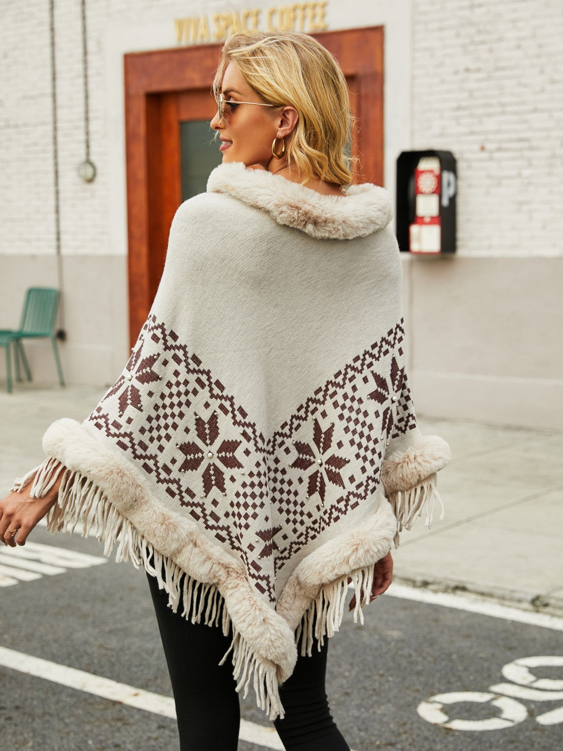 Fringe Geometric Cape Sleeve Poncho-Angel Casuals