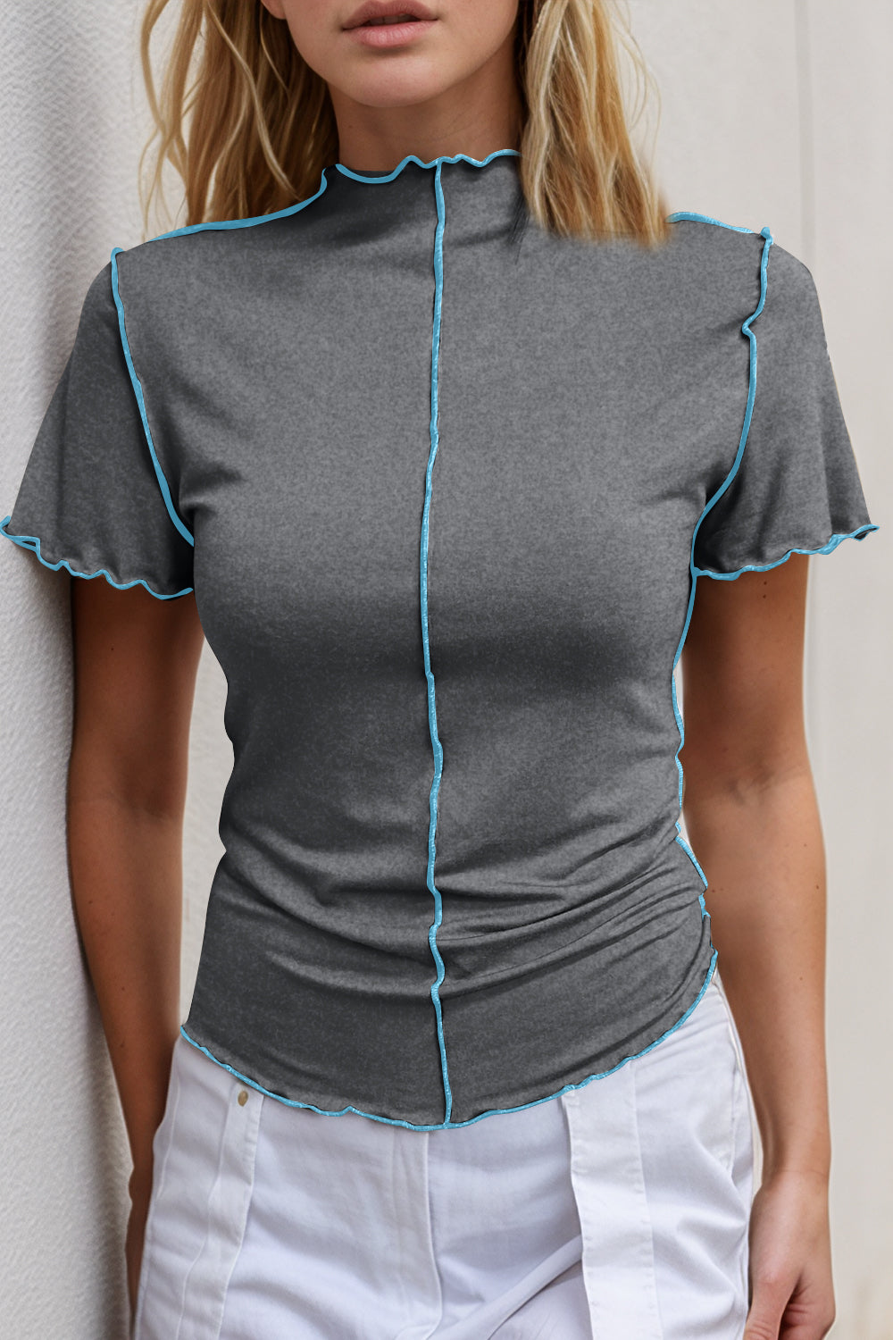 Basic Bae Contrast Trim Mock Neck Short Sleeve T-Shirt-Angel Casuals