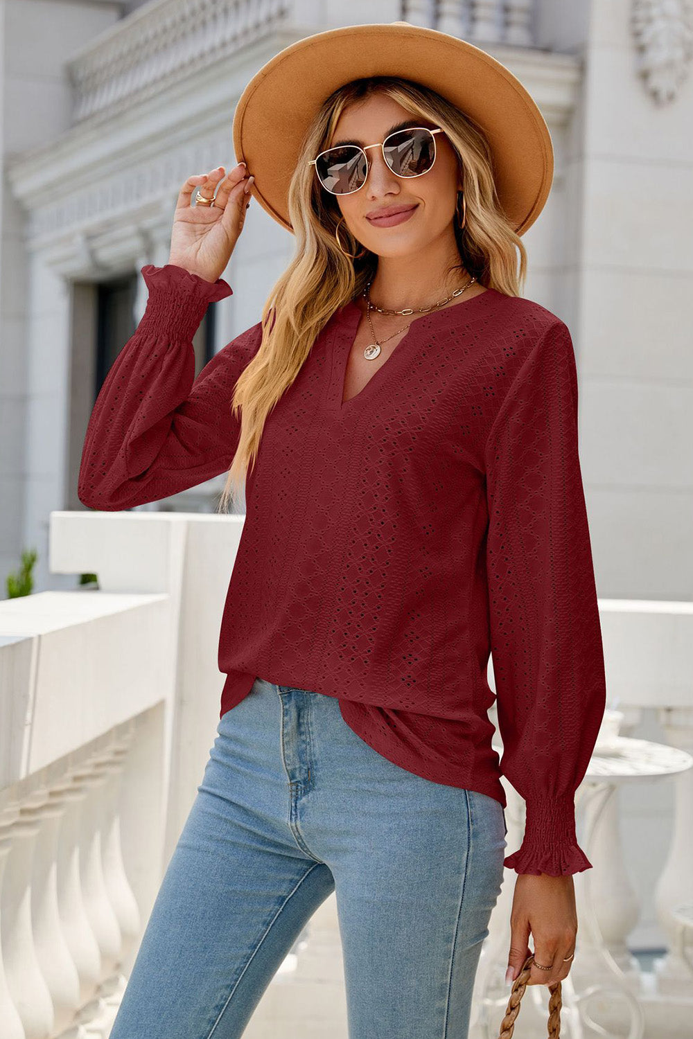 Eyelet Notched Lantern Sleeve T-Shirt-Angel Casuals