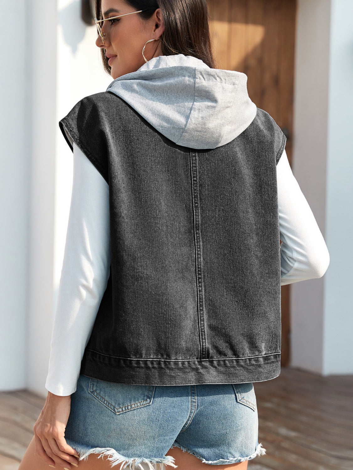 Drawstring Button Up Sleeveless Denim Jacket-Angel Casuals