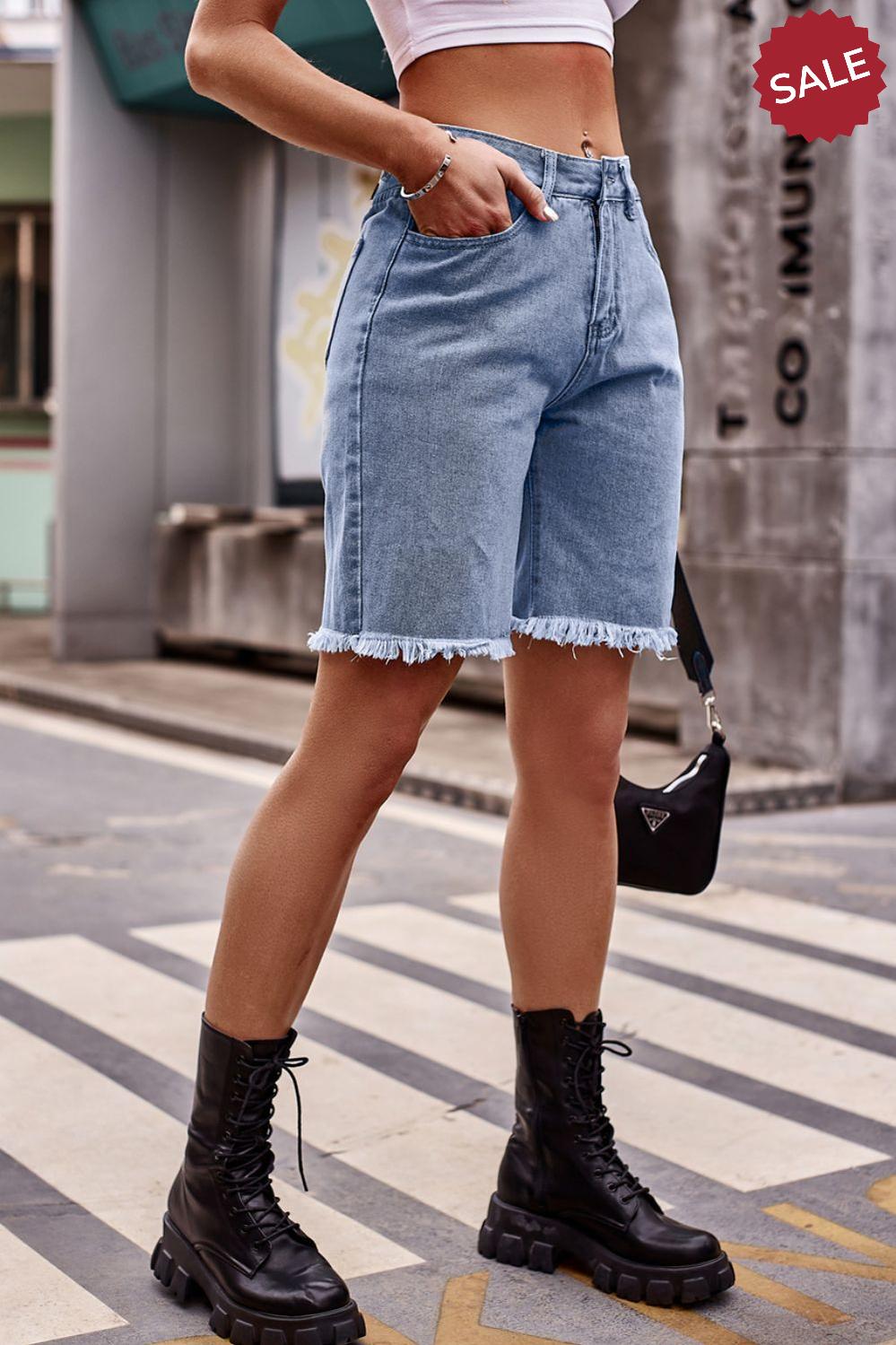Raw Hem Denim Shorts with Pockets-Angel Casuals