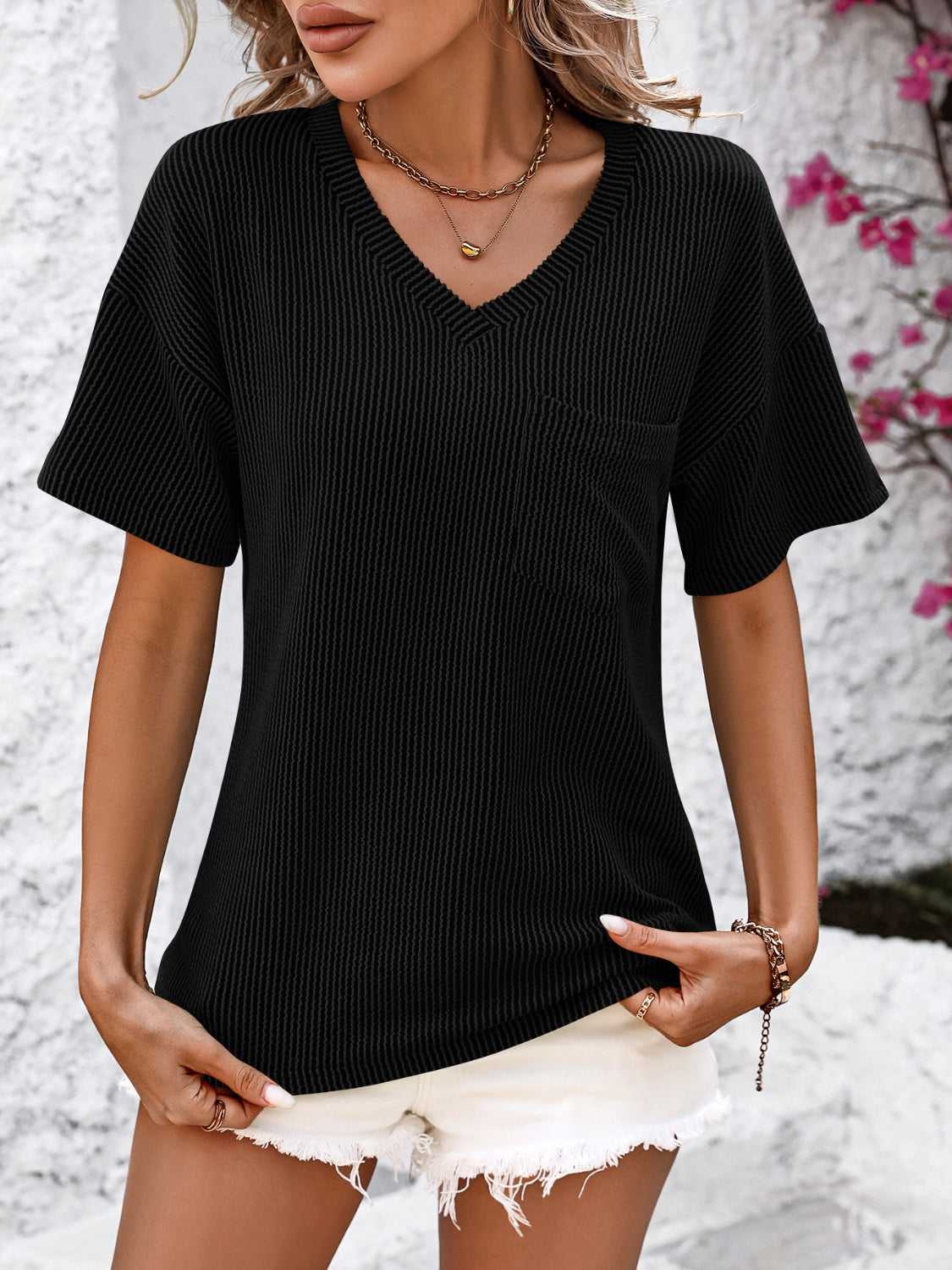V-Neck Dropped Shoulder T-Shirt-Angel Casuals