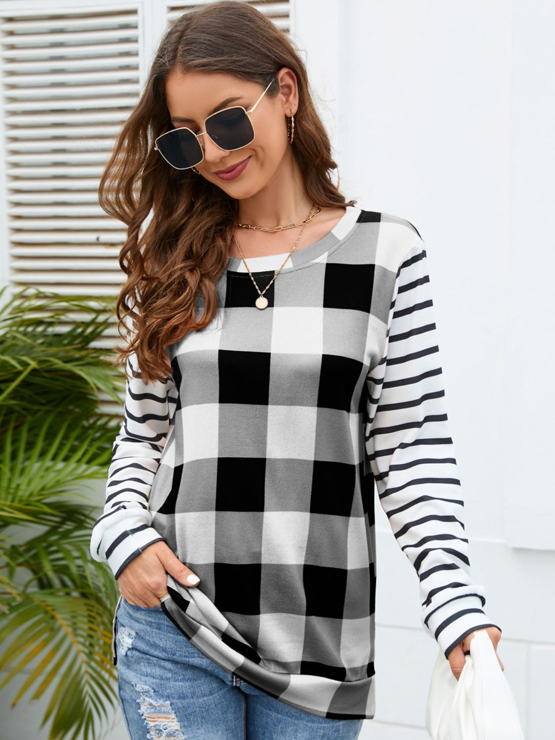 Plaid Striped Round Neck Long Sleeve T-Shirt-Angel Casuals