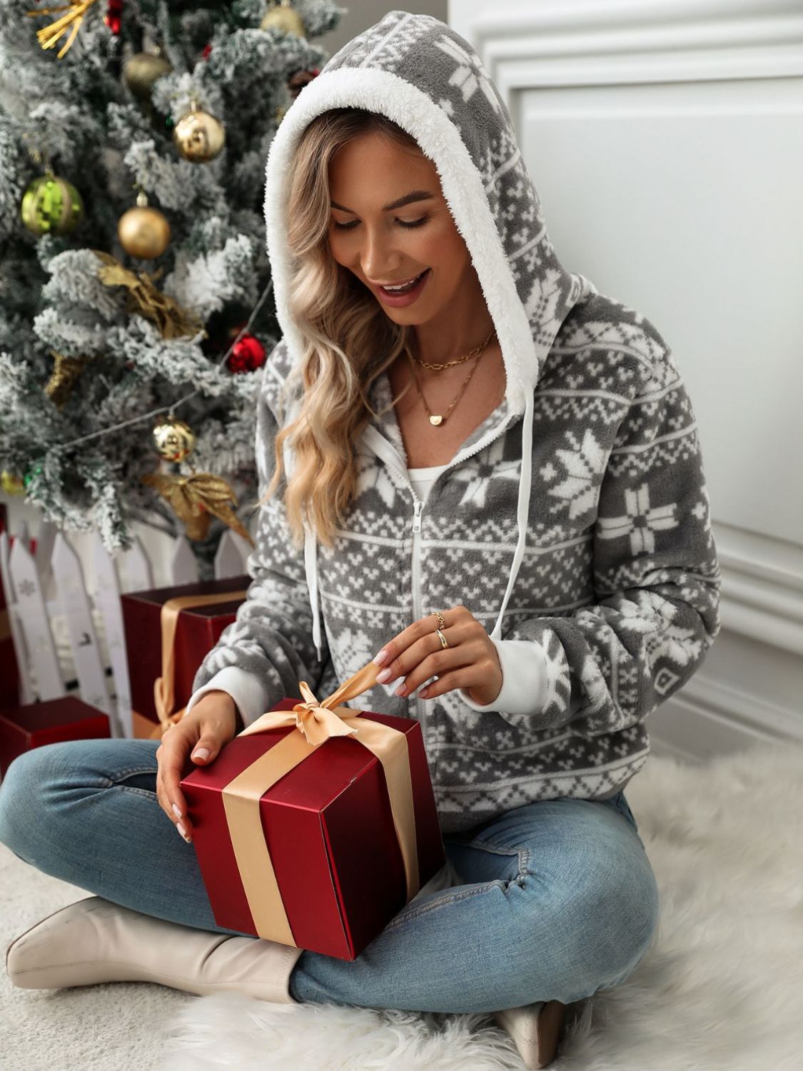 Drawstring Snowflake Zip Up Hooded Outerwear-Angel Casuals