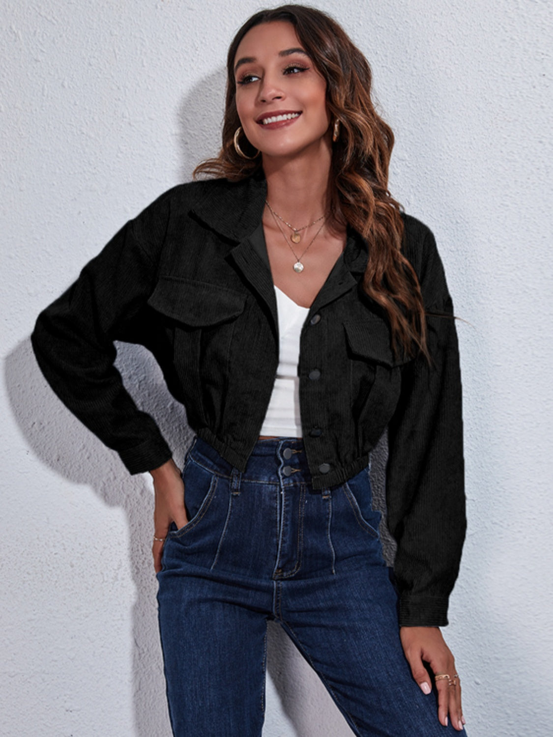 Collared Neck Dropped Shoulder Buttoned Jacket-Angel Casuals