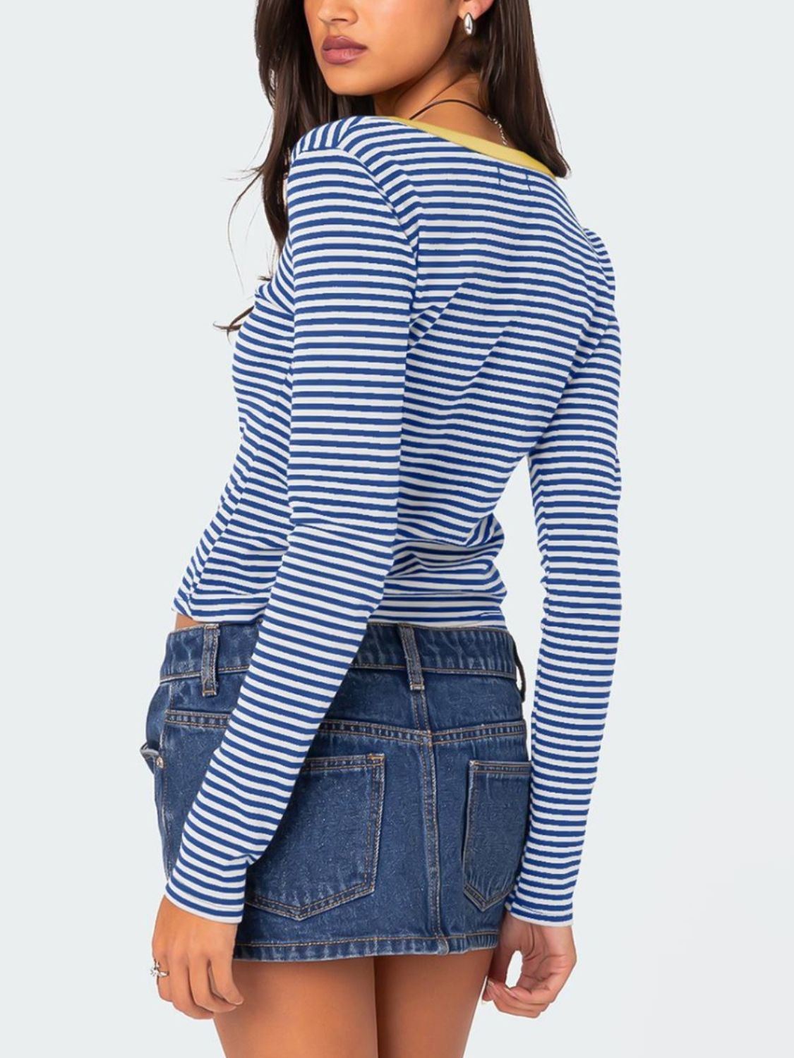 Buttoned Striped Long Sleeve T-Shirt-Angel Casuals