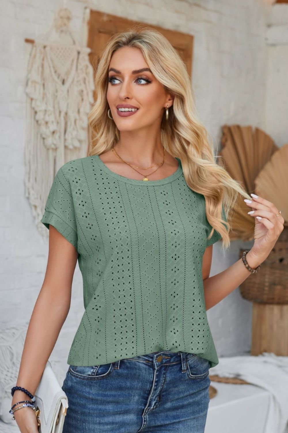Eyelet Round Neck Rolled Short Sleeve T-Shirt-Angel Casuals