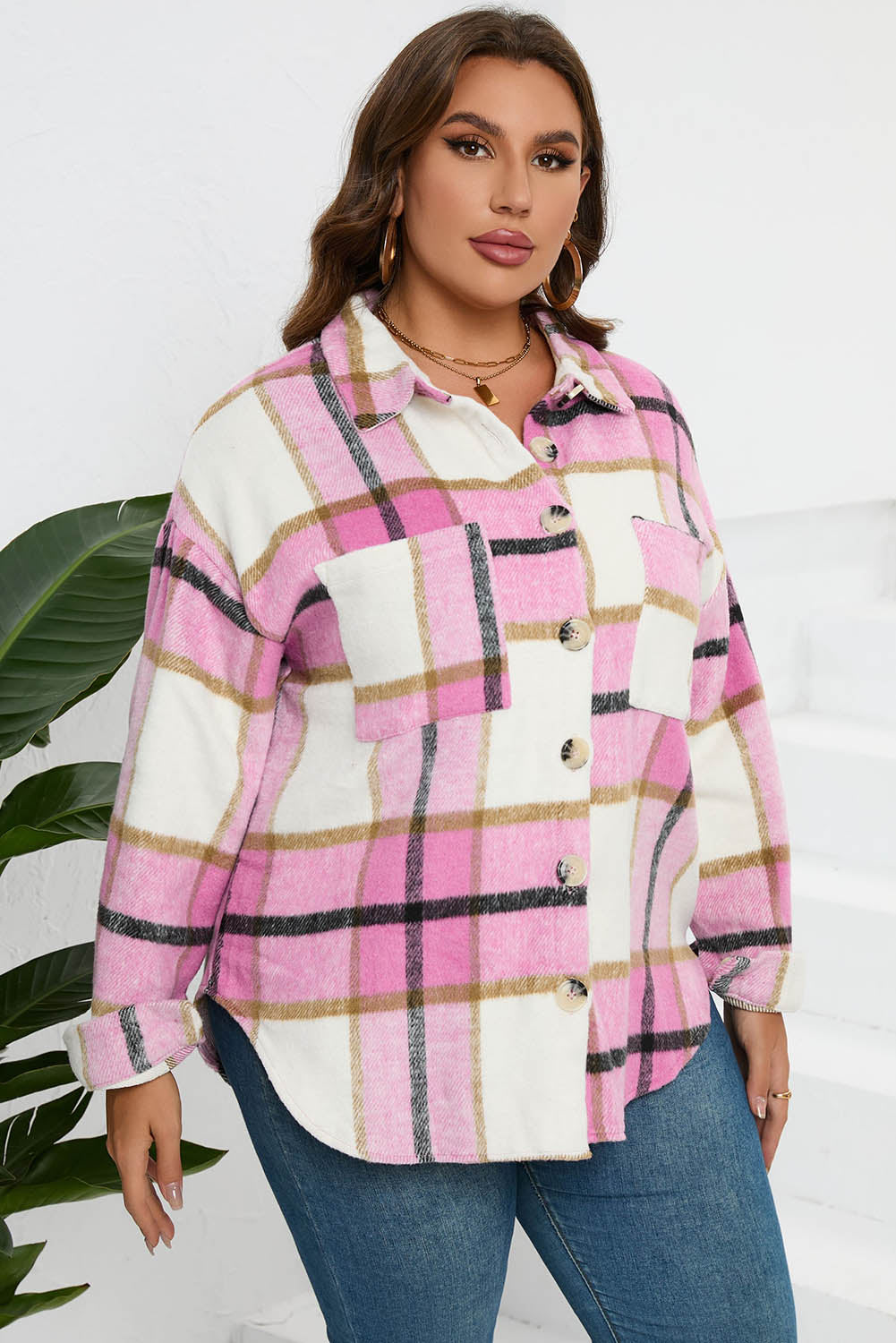 Plaid Button Up Dropped Shoulder Jacket-Angel Casuals