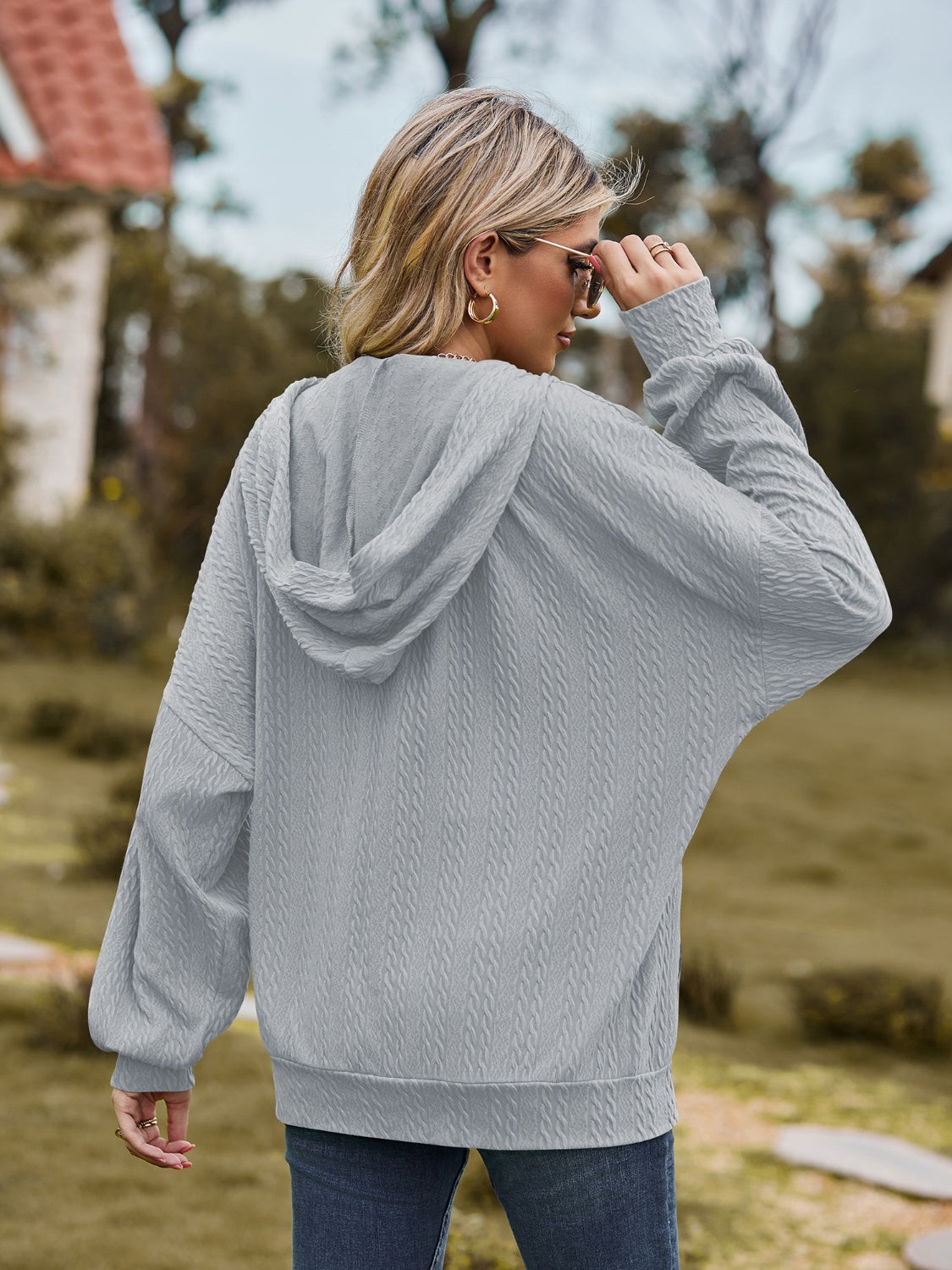 Zip Up Drawstring Long Sleeve Hooded Jacket-Angel Casuals