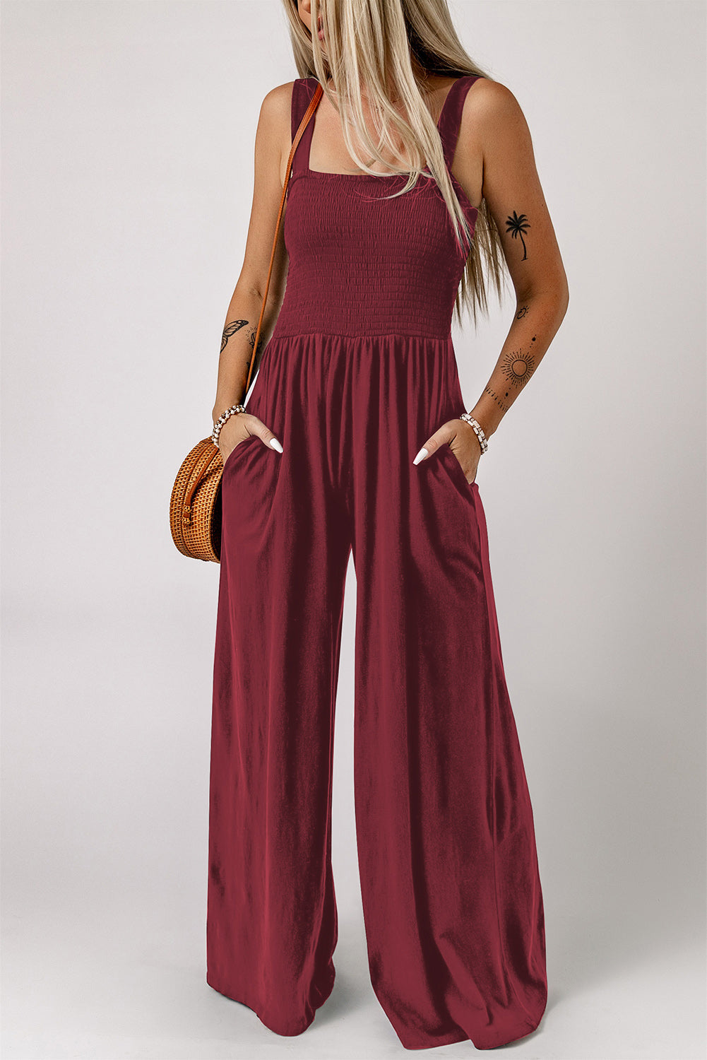 Smocked Square Neck Wide Leg Jumpsuit with Pockets-Angel Casuals